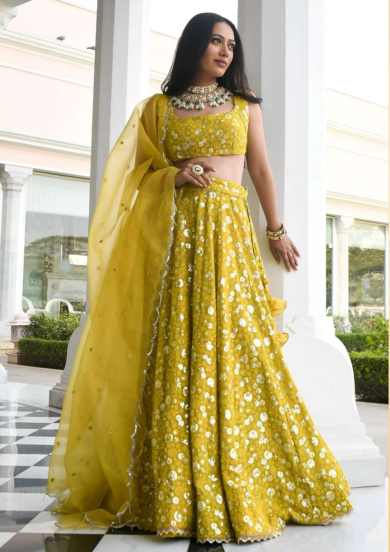 DESIGNER BRIDAL WEDDING PARTY WEAR YELLOW GEORGETTE LEHENGA CHOLI SENHORA DRESSES ZC 7084