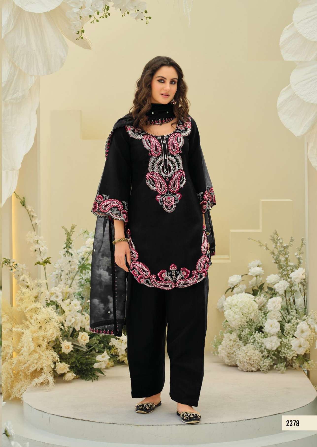 DESIGNER FANCY PARTY WEAR BLACK ORGANZA SILK SALWAR SUIT PALAZZO EB 2378