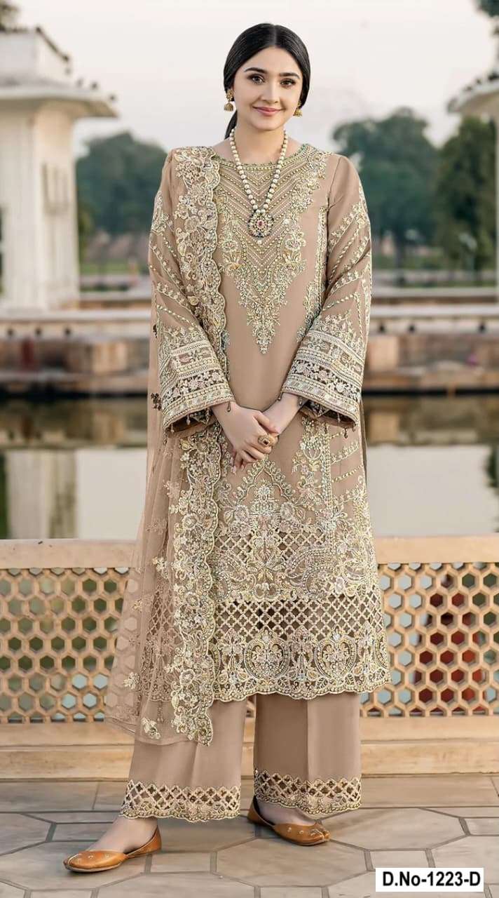 DESIGNER FANCY PARTY WEAR CHIFFON CHIKU PAKISTANI PALAZZO SALWAR SUIT SHF 1223 D
