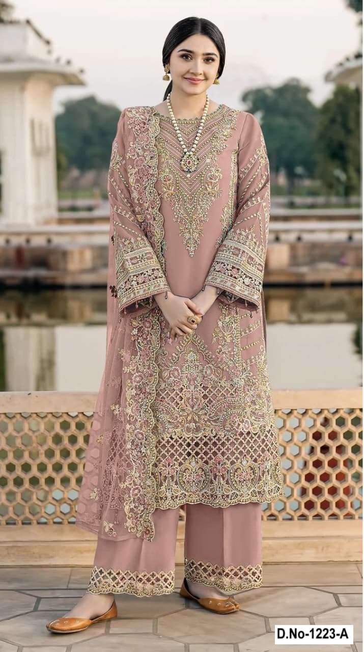 DESIGNER FANCY PARTY WEAR CHIFFON PEACH PAKISTANI PALAZZO SALWAR SUIT SHF 1223 A