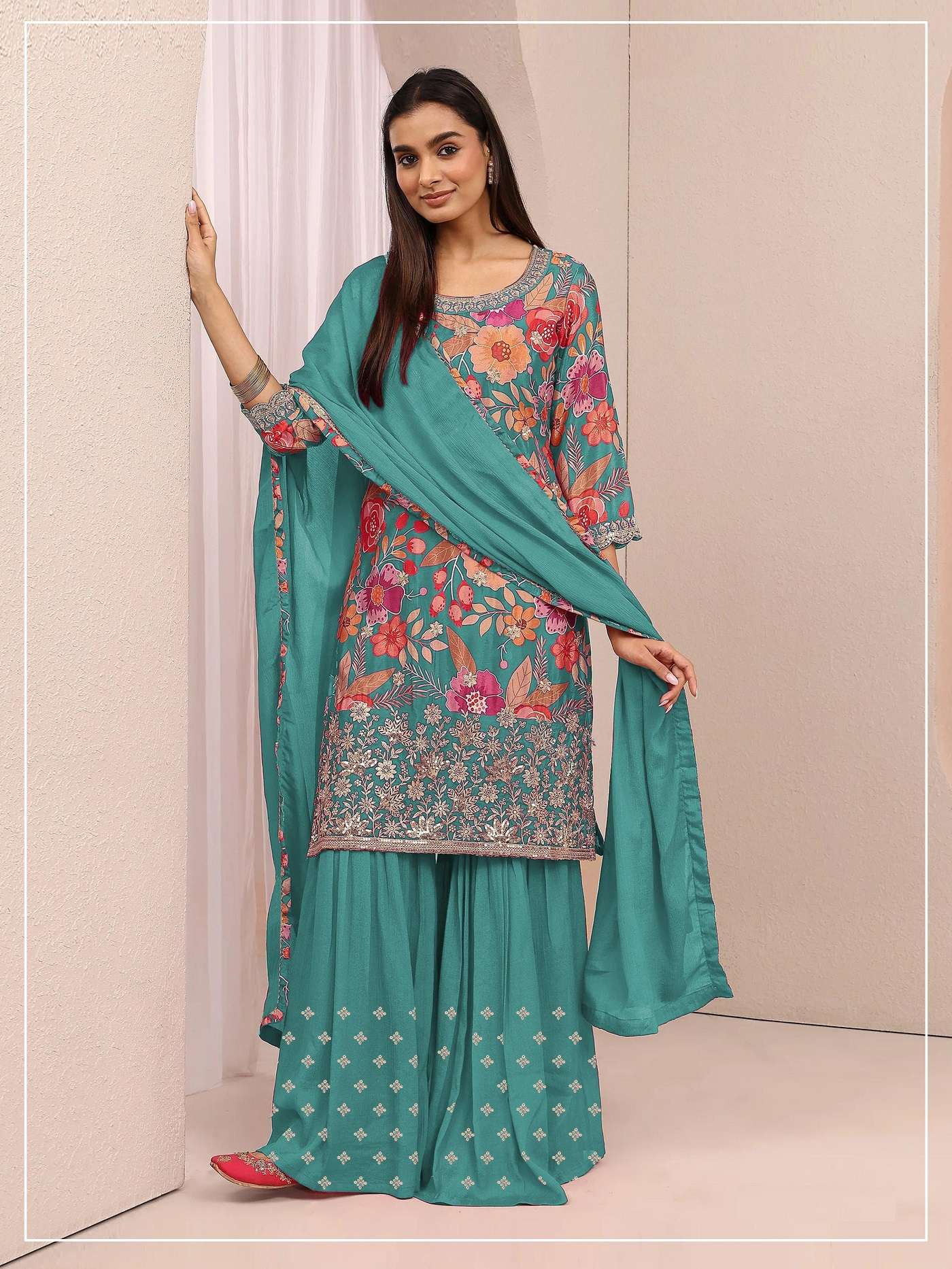 DESIGNER FANCY PARTY WEAR CHINON DIGITAL PRINT BLUE SHARARA SALWAR SUIT PALAZZO JG 2114 B