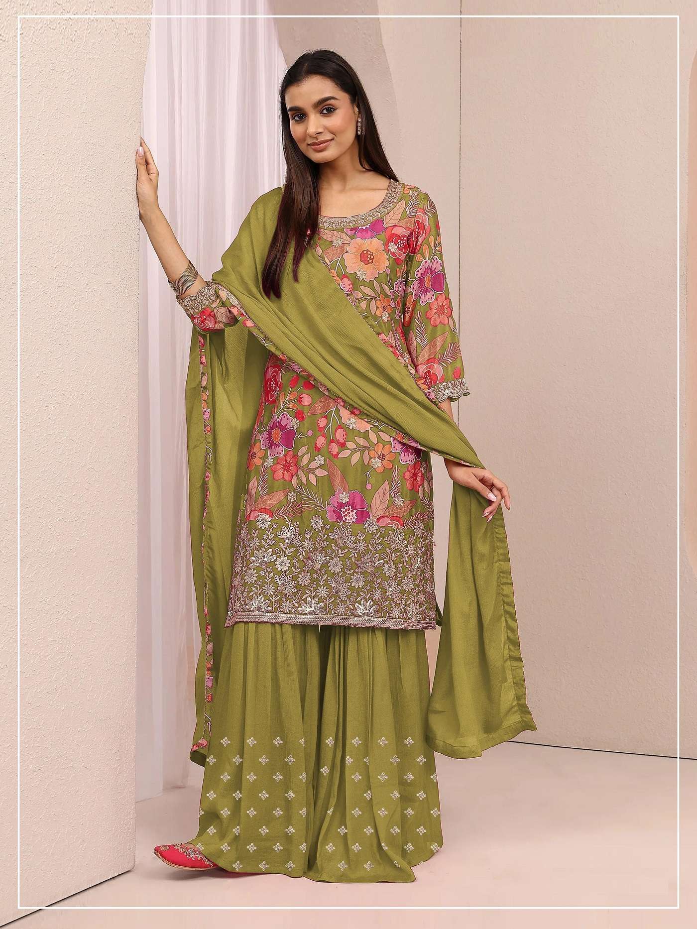 DESIGNER FANCY PARTY WEAR CHINON DIGITAL PRINT GREEN SHARARA SALWAR SUIT PALAZZO JG 2114 C