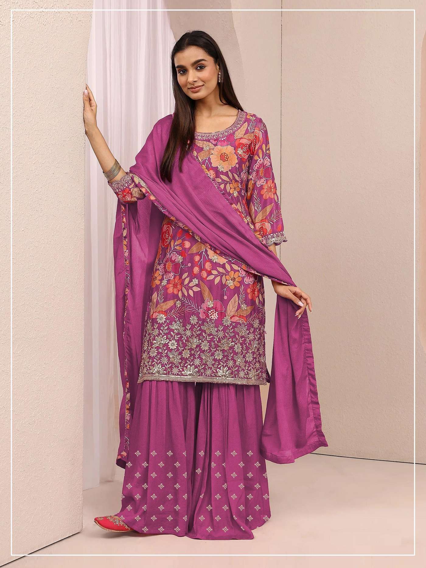 DESIGNER FANCY PARTY WEAR CHINON DIGITAL PRINT PINK SHARARA SALWAR SUIT PALAZZO JG 2114 A