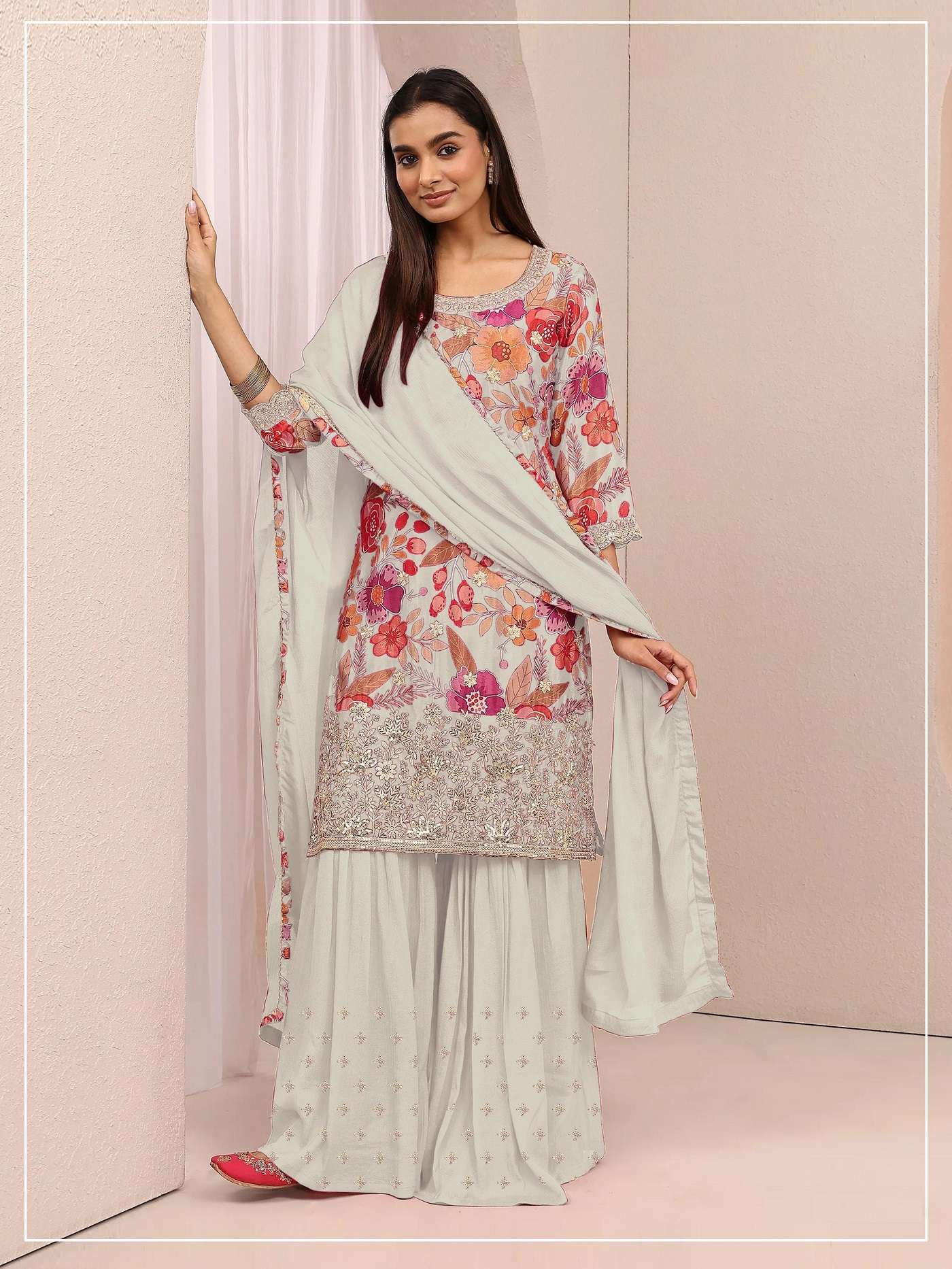 DESIGNER FANCY PARTY WEAR CHINON DIGITAL PRINT WHITE SHARARA SALWAR SUIT PALAZZO JG 2114 D