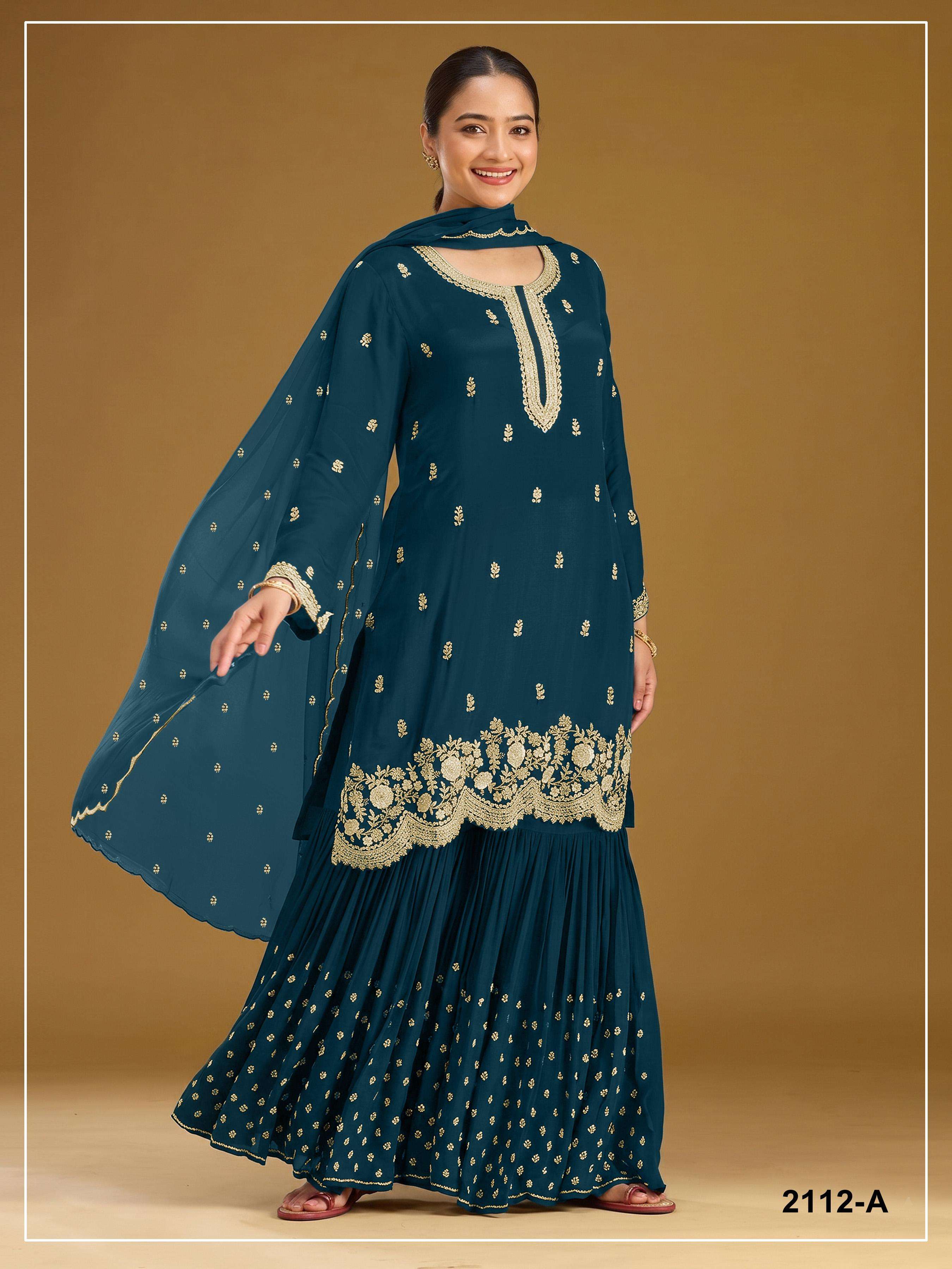 DESIGNER FANCY PARTY WEAR FAUX BLOOMING GEORGETTE TEAL BLUE SHARARA SALWAR SUIT PALAZZO JG 2112 A