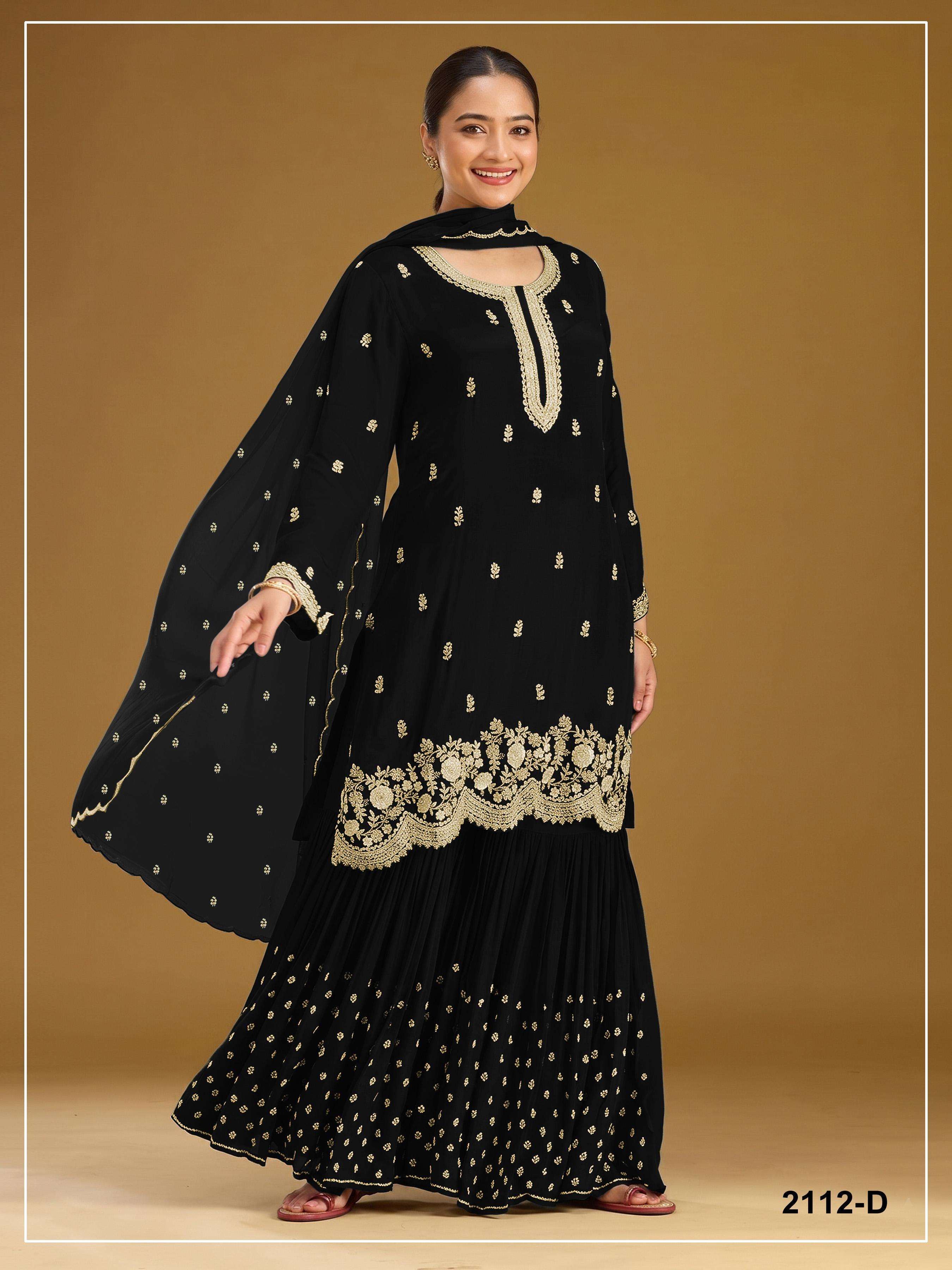 DESIGNER FANCY PARTY WEAR FAUX BLOOMING GEORGETTE BLACK SHARARA SALWAR SUIT PALAZZO JG 2112 D