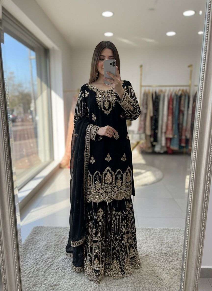 DESIGNER FANCY PARTY WEAR FAUX GEORGETTE BLACK SHARARA SALWAR SUIT PALAZZO DST 1002