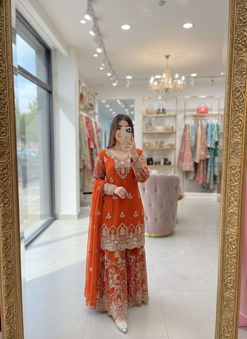 DESIGNER FANCY PARTY WEAR FAUX GEORGETTE ORANGE SHARARA SALWAR SUIT PALAZZO DST 1004
