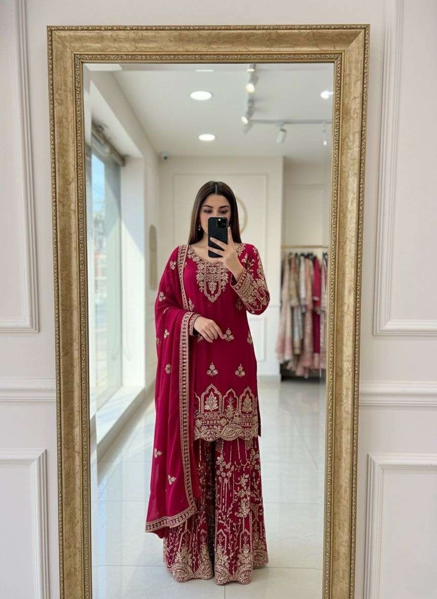 DESIGNER FANCY PARTY WEAR FAUX GEORGETTE RANI PINK SHARARA SALWAR SUIT PALAZZO DST 1001