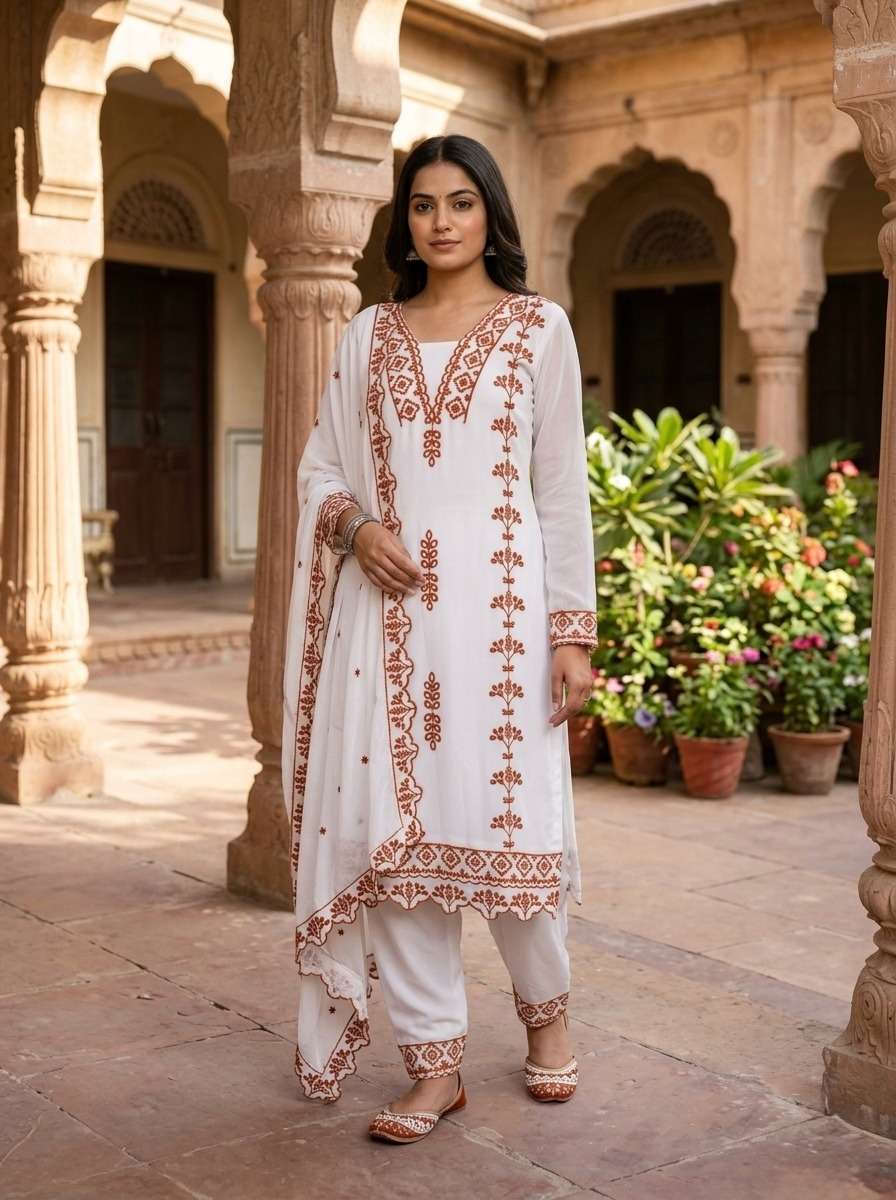 DESIGNER FANCY PARTY WEAR FAUX GEORGETTE WHITE PAKISTANI PALAZZO SALWAR SUIT LW 9338 A