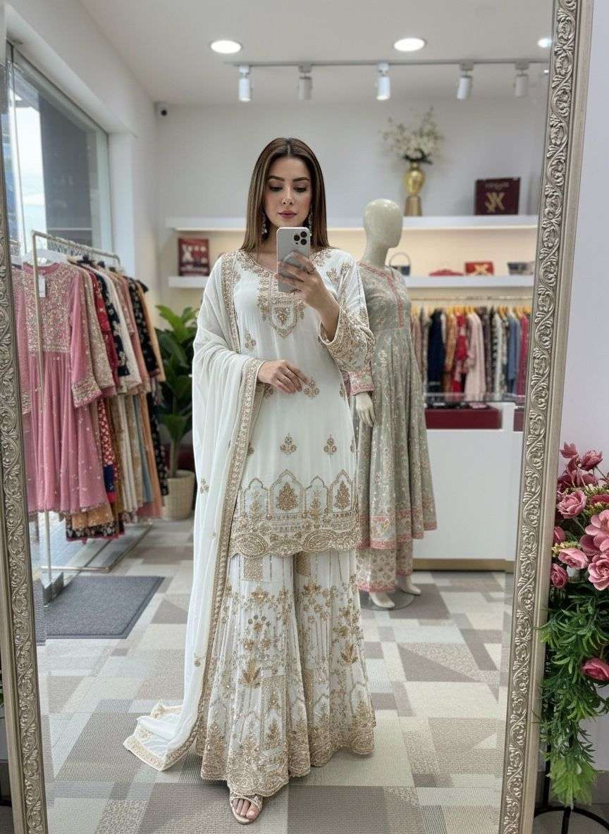 DESIGNER FANCY PARTY WEAR FAUX GEORGETTE WHITE SHARARA SALWAR SUIT PALAZZO DST 1003