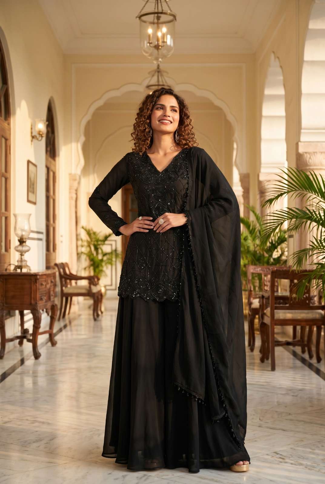 DESIGNER FANCY PARTY WEAR PREMIUM BLACK CHINON SILK BEADS WORK SHARARA SALWAR SUIT PALAZZO SVN 143