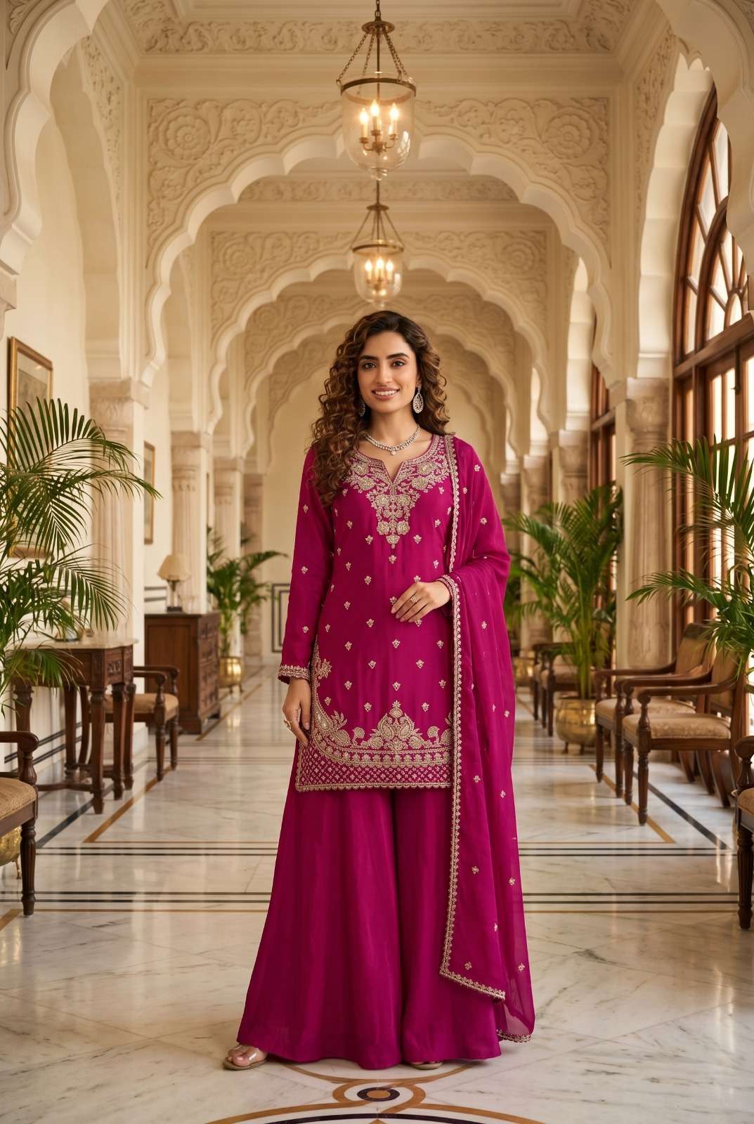 DESIGNER FANCY PARTY WEAR PREMIUM CHINON SILK BEADS WORK PINK SHARARA SALWAR SUIT PALAZZO SVN 130