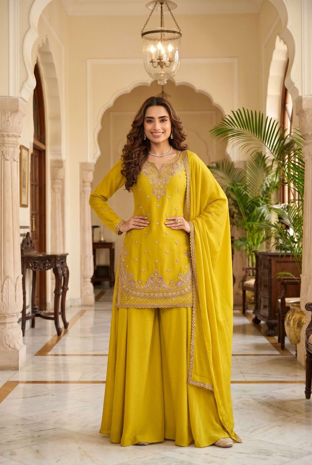 DESIGNER FANCY PARTY WEAR PREMIUM CHINON SILK BEADS WORK YELLOW SHARARA SALWAR SUIT PALAZZO SVN 131
