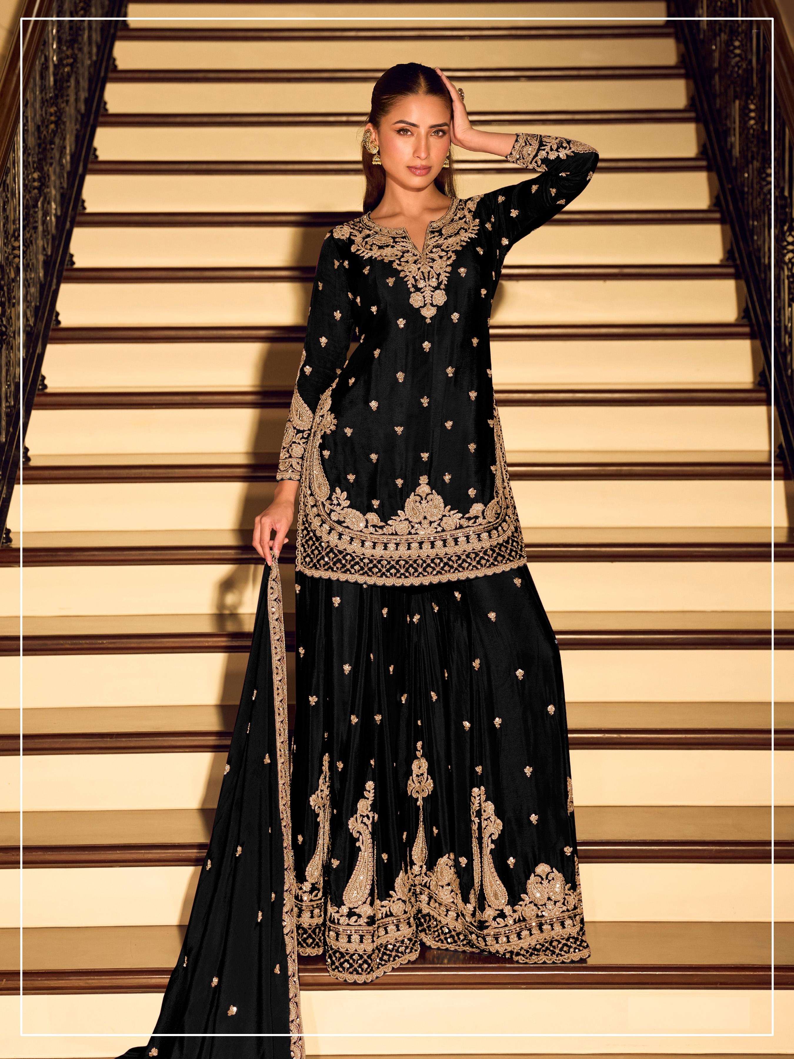 DESIGNER FANCY PARTY WEAR PREMIUM CHINON SILK BLACK SHARARA SALWAR SUIT PALAZZO SY JG 2121 D