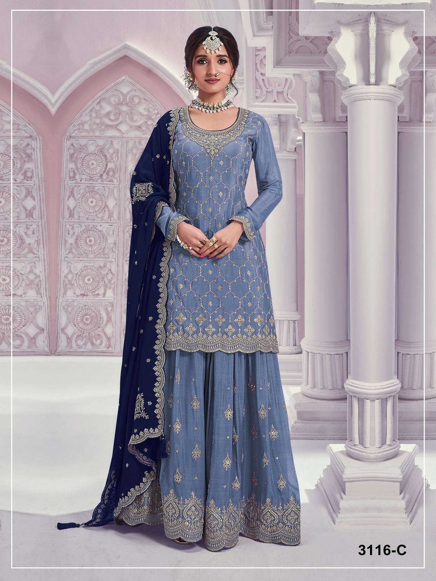 DESIGNER FANCY PARTY WEAR PREMIUM CHINON SILK BLUE SHARARA SALWAR SUIT PALAZZO JG 3116 C