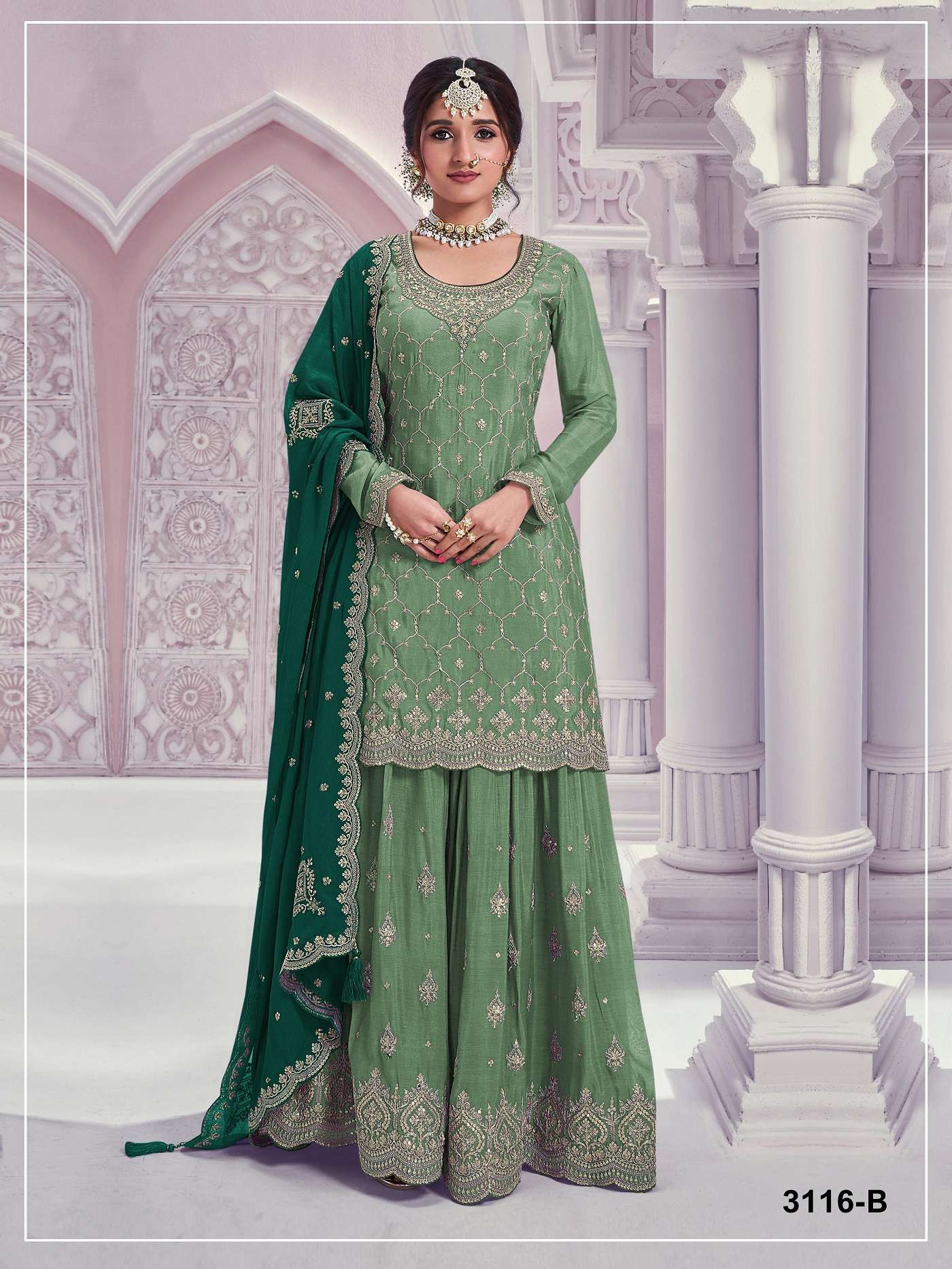 DESIGNER FANCY PARTY WEAR PREMIUM CHINON SILK GREEN SHARARA SALWAR SUIT PALAZZO JG 3116 B