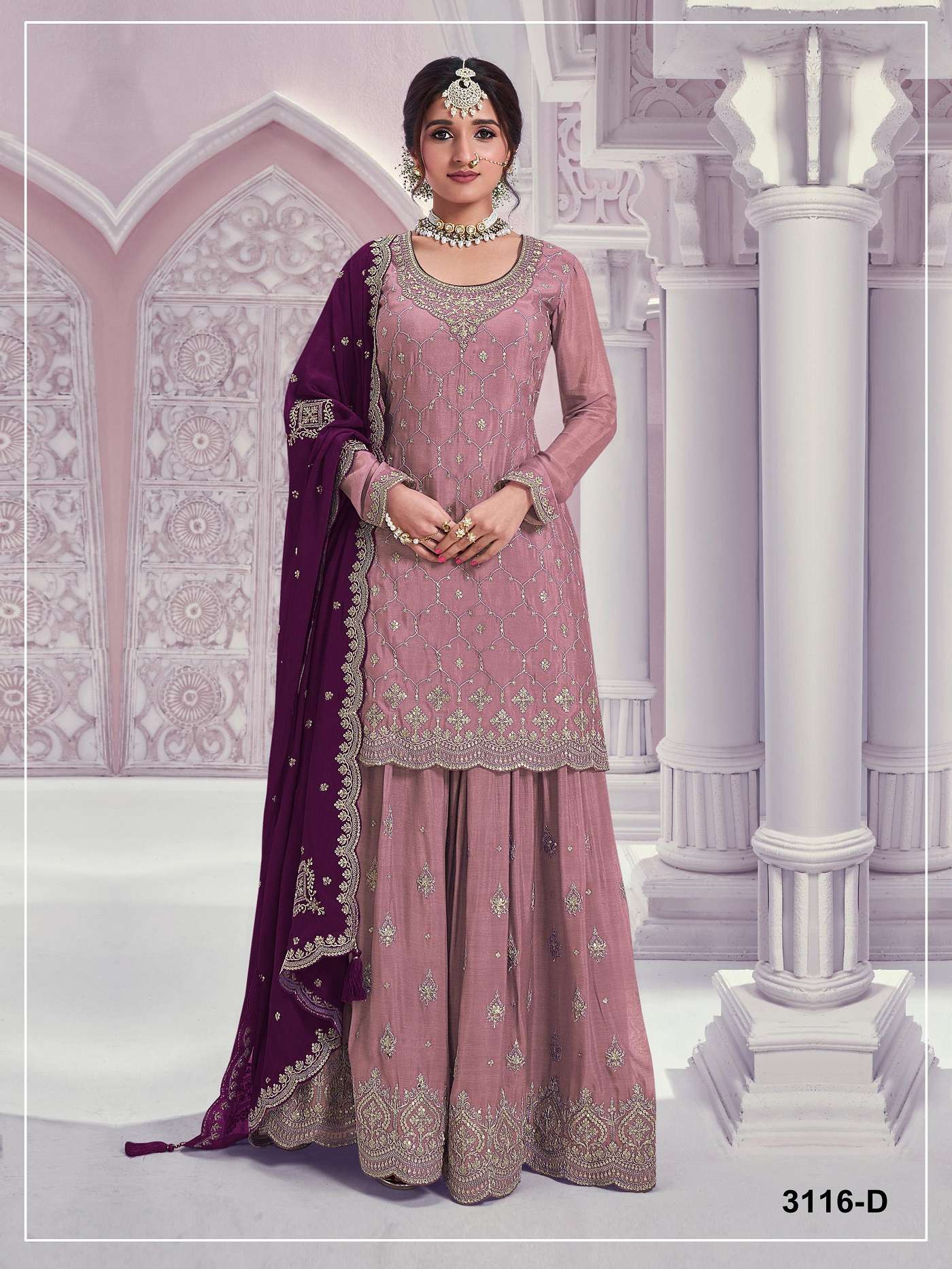 DESIGNER FANCY PARTY WEAR PREMIUM CHINON SILK PINK SHARARA SALWAR SUIT PALAZZO JG 3116 D