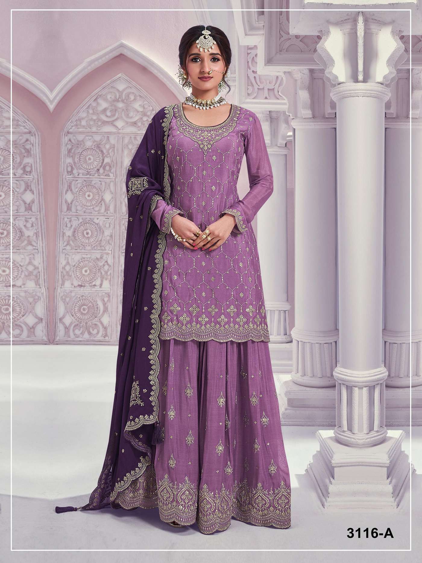 DESIGNER FANCY PARTY WEAR PREMIUM CHINON SILK PURPLE SHARARA SALWAR SUIT PALAZZO JG 3116 A