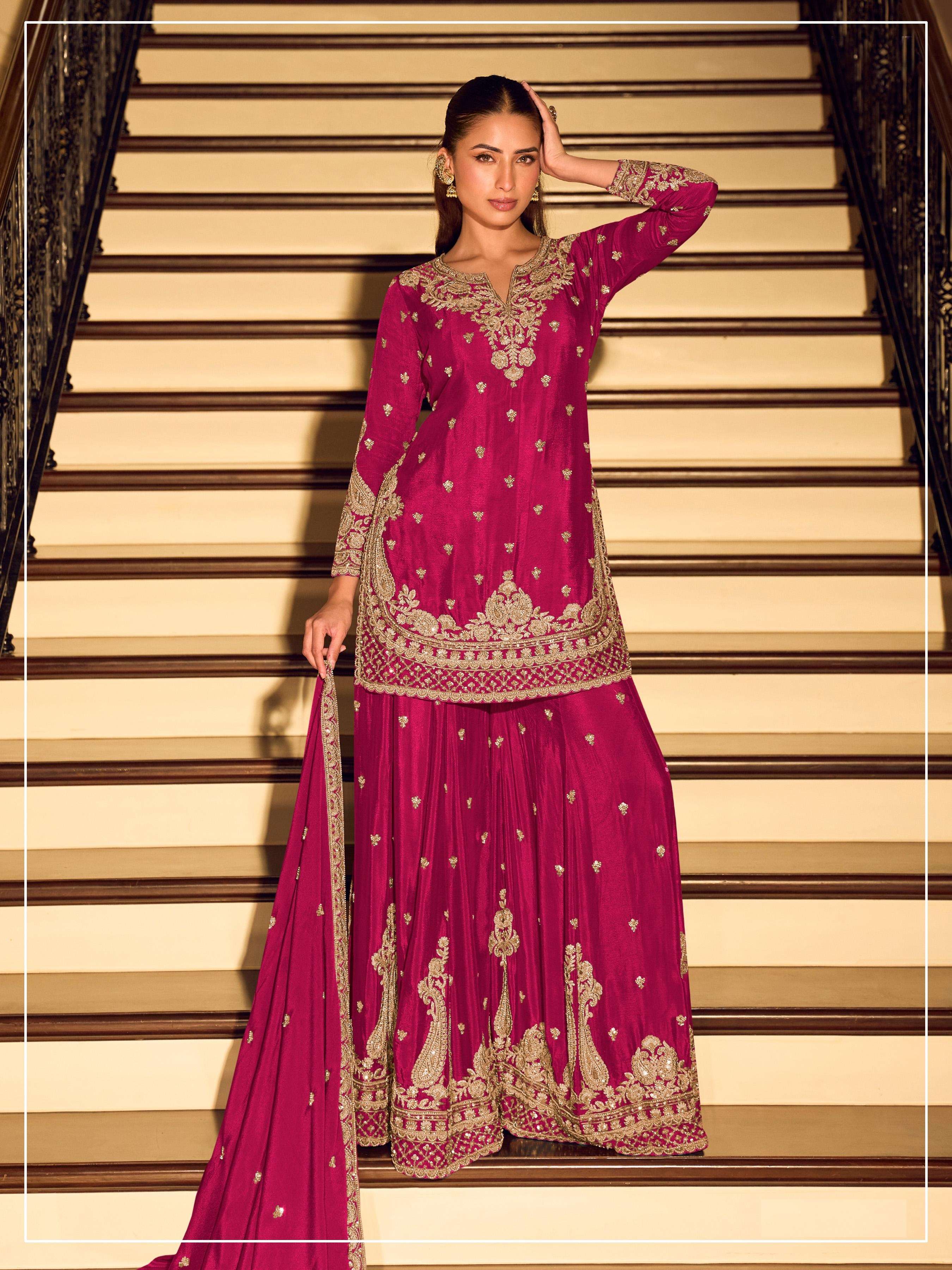 DESIGNER FANCY PARTY WEAR PREMIUM CHINON SILK RANI PINK SHARARA SALWAR SUIT PALAZZO SY JG 2121 A