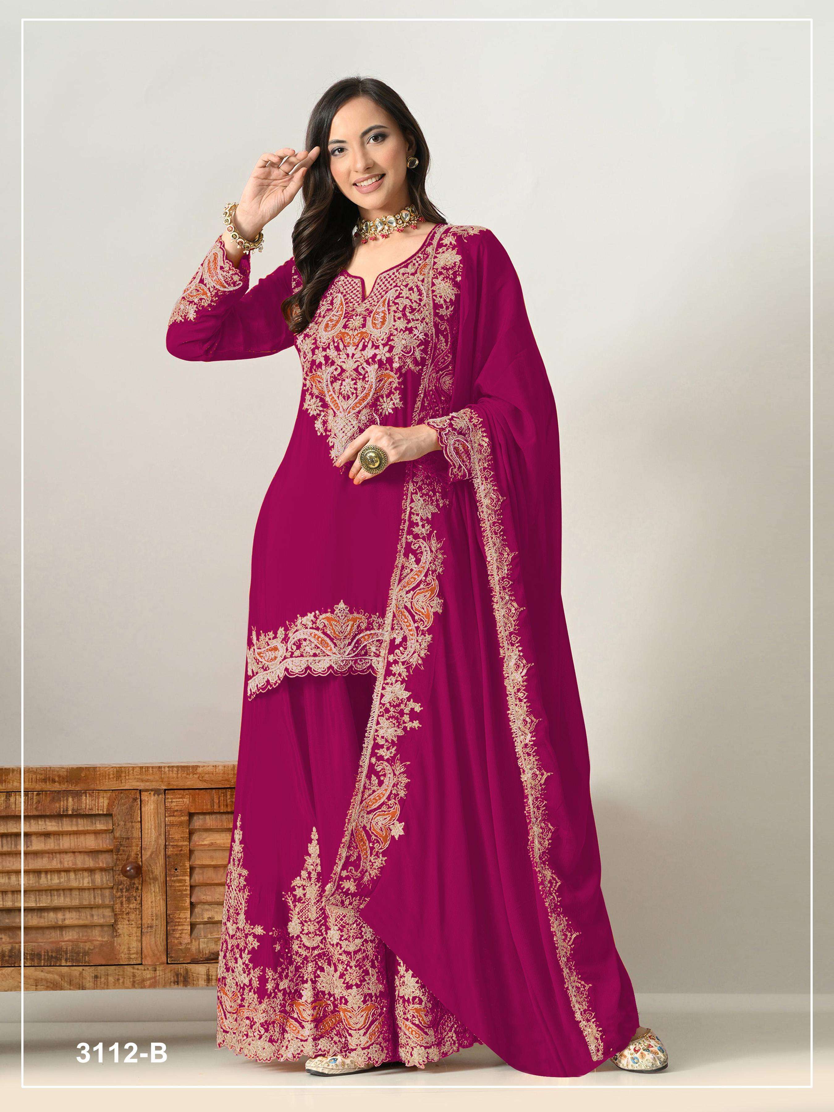 DESIGNER FANCY PARTY WEAR PREMIUM CHINON SILK RANI PINK SHARARA SALWAR SUIT PALAZZO JG 3112 B