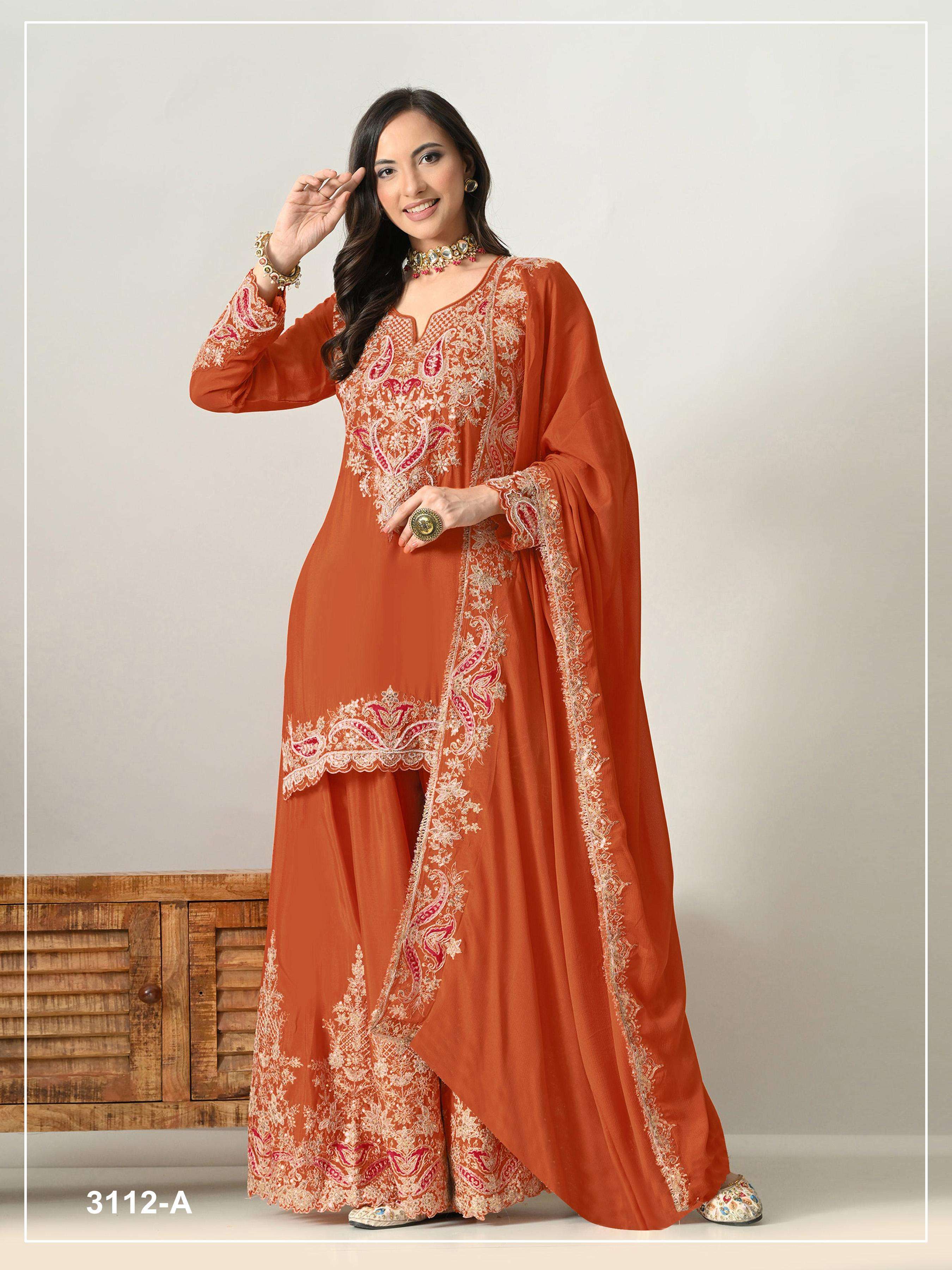 DESIGNER FANCY PARTY WEAR PREMIUM CHINON SILK SHARARA ORANGE SALWAR SUIT PALAZZO JG 3112 A