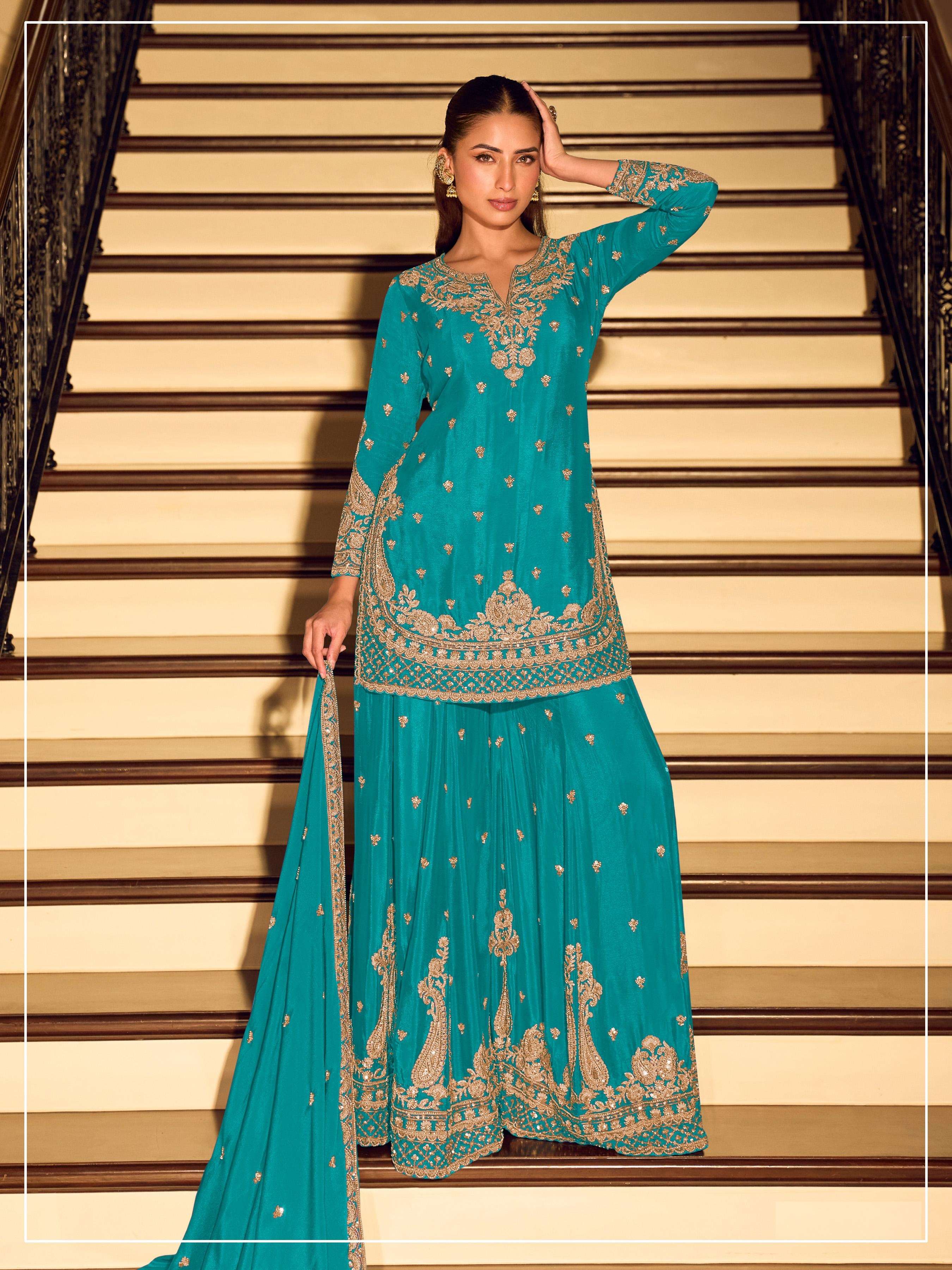 DESIGNER FANCY PARTY WEAR PREMIUM CHINON SILK SKY BLUE SHARARA SALWAR SUIT PALAZZO SY JG 2121 B