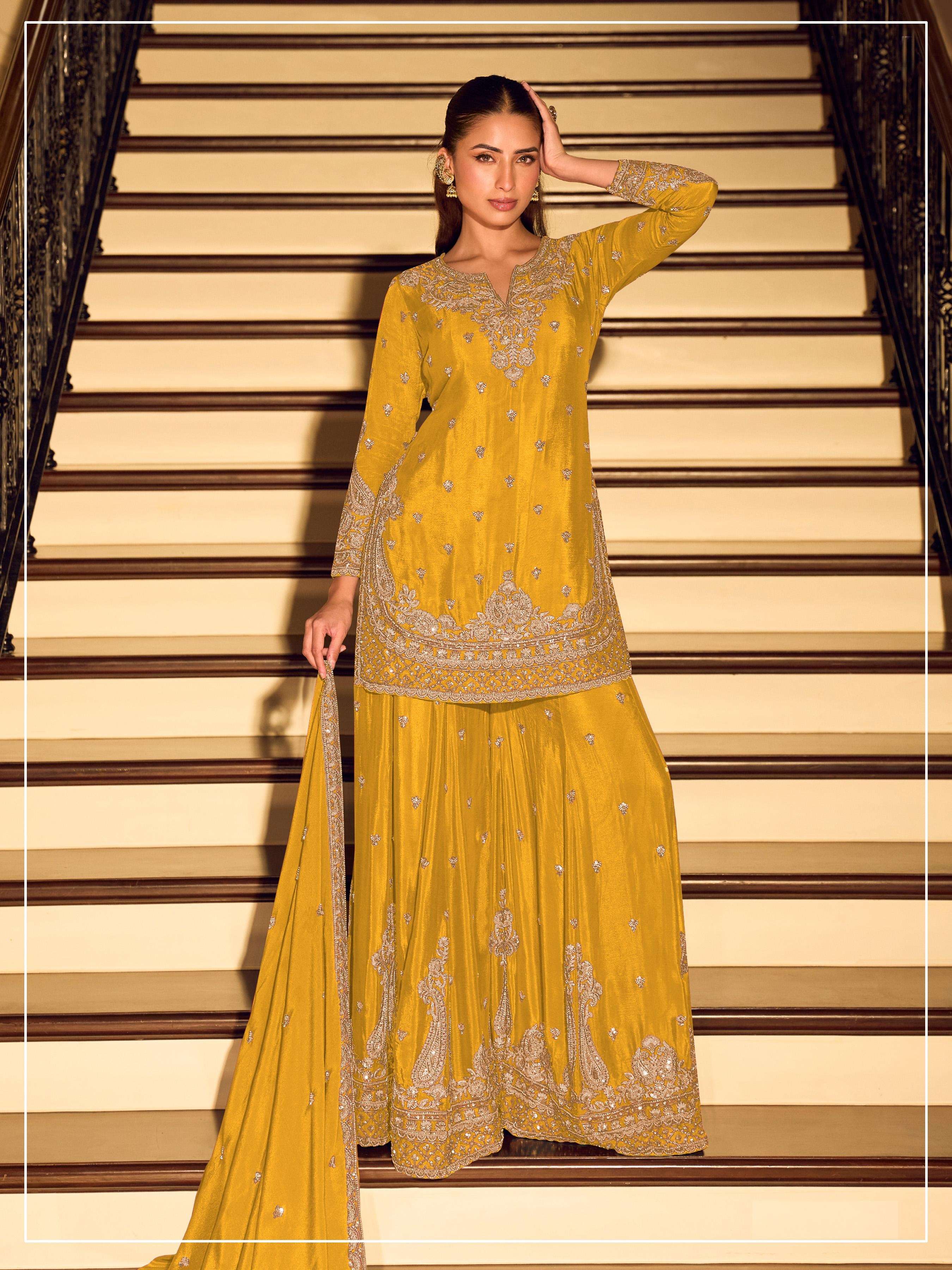DESIGNER FANCY PARTY WEAR PREMIUM CHINON SILK YELLOW SHARARA SALWAR SUIT PALAZZO SY JG 2121 C