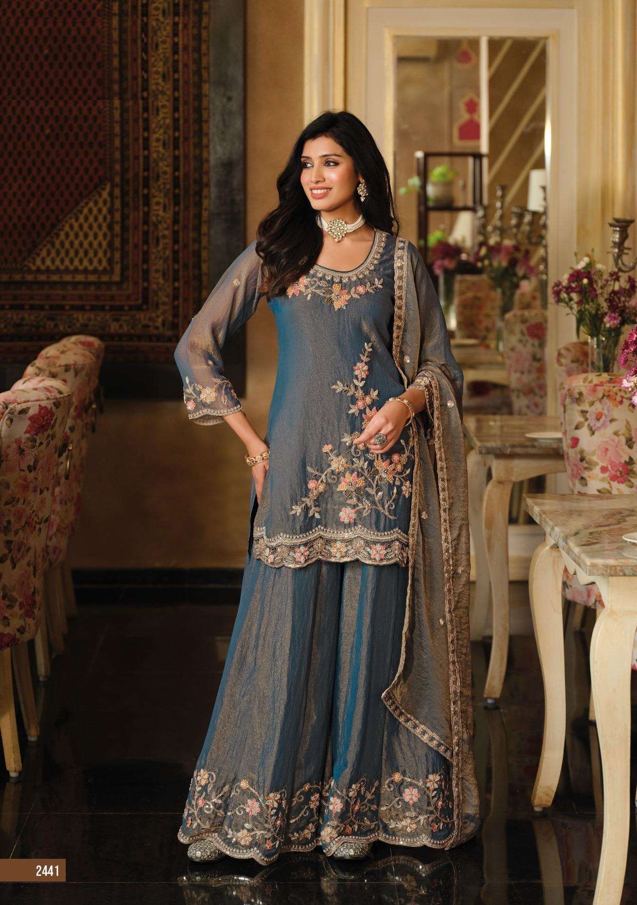 DESIGNER FANCY PARTY WEAR PREMIUM SILK GREY SHARARA SALWAR SUIT PALAZZO EB 2441