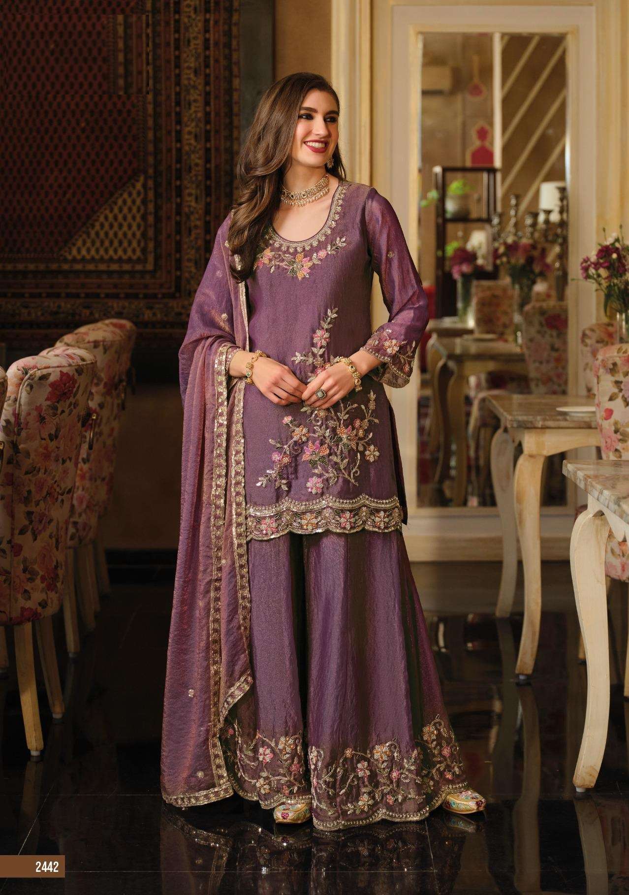 DESIGNER FANCY PARTY WEAR PREMIUM SILK LAVENDER SHARARA SALWAR SUIT PALAZZO EB 2442