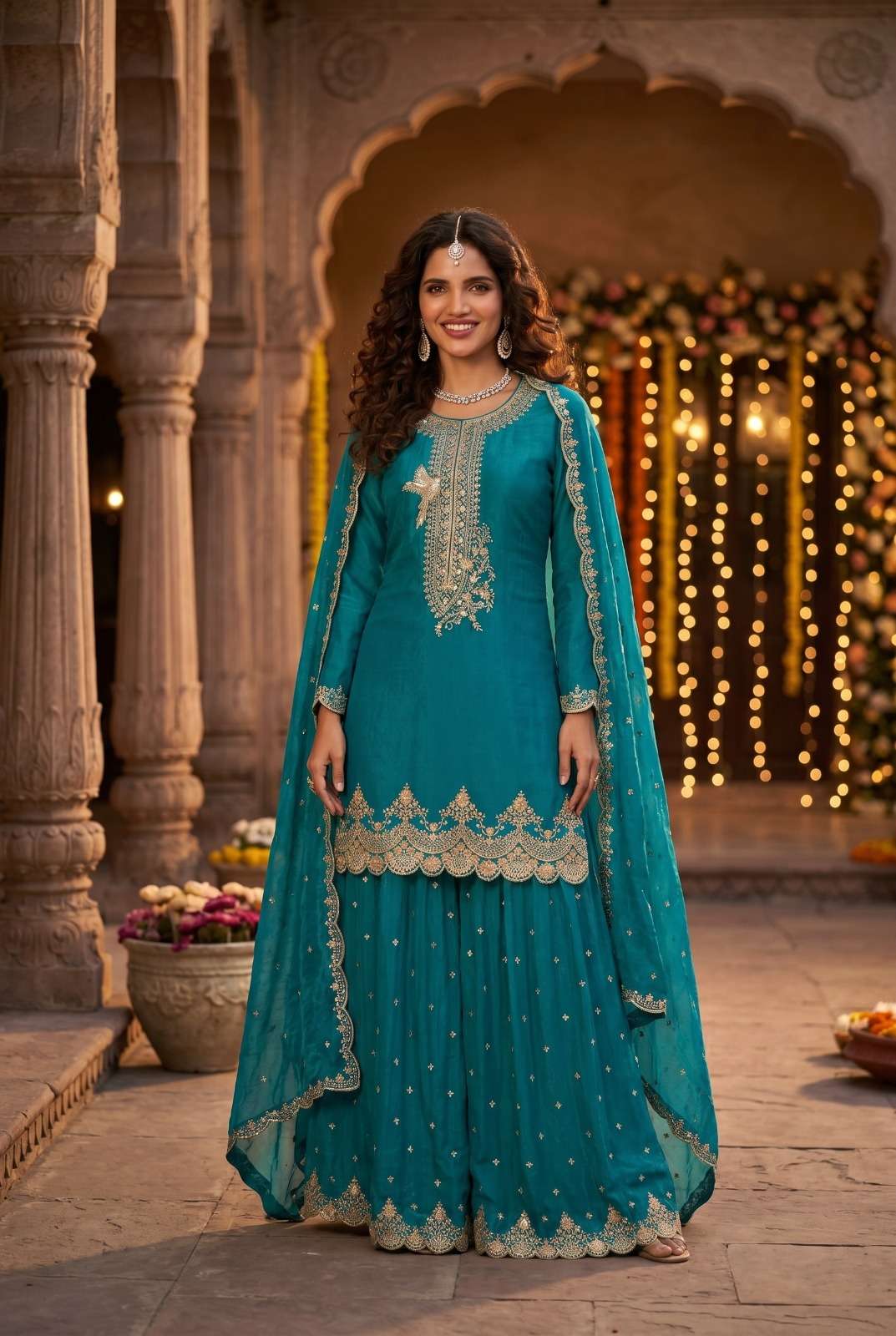 DESIGNER FANCY PARTY WEAR PREMIUM TORA SILK BLUE SHARARA SALWAR SUIT PALAZZO SVN 122