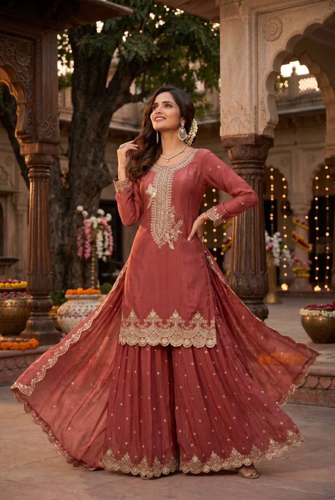 DESIGNER FANCY PARTY WEAR PREMIUM TORA SILK ORANGE SHARARA SALWAR SUIT PALAZZO SVN 123
