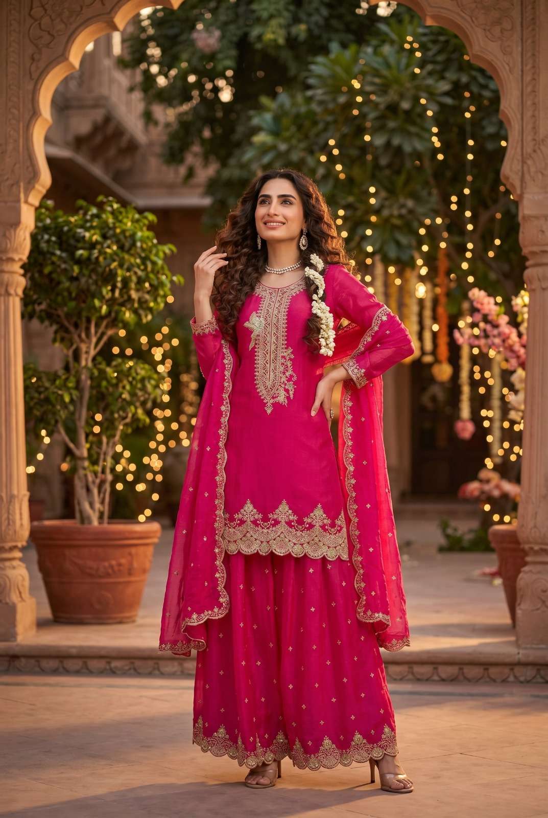 DESIGNER FANCY PARTY WEAR PREMIUM TORA SILK PINK SHARARA SALWAR SUIT PALAZZO SVN 121