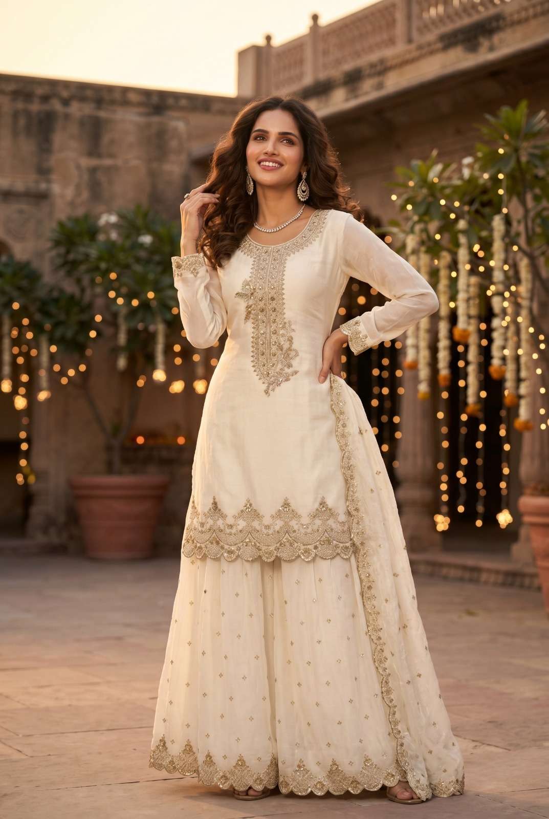 DESIGNER FANCY PARTY WEAR PREMIUM TORA SILK WHITE SHARARA SALWAR SUIT PALAZZO SVN 124