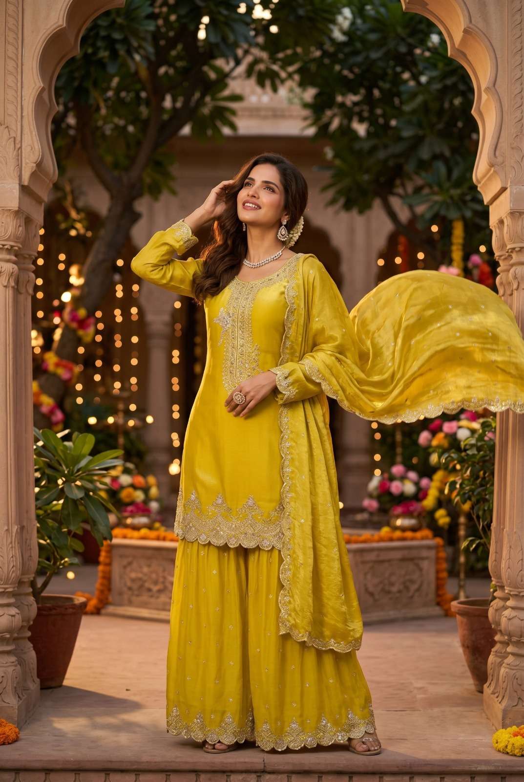 DESIGNER FANCY PARTY WEAR PREMIUM TORA SILK YELLOW SHARARA SALWAR SUIT PALAZZO SVN 120