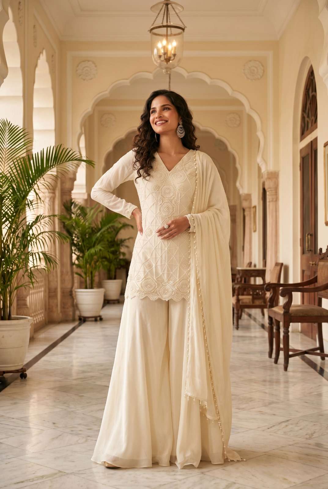 DESIGNER FANCY PARTY WEAR PREMIUM WHITE CHINON SILK BEADS WORK SHARARA SALWAR SUIT PALAZZO SVN 144