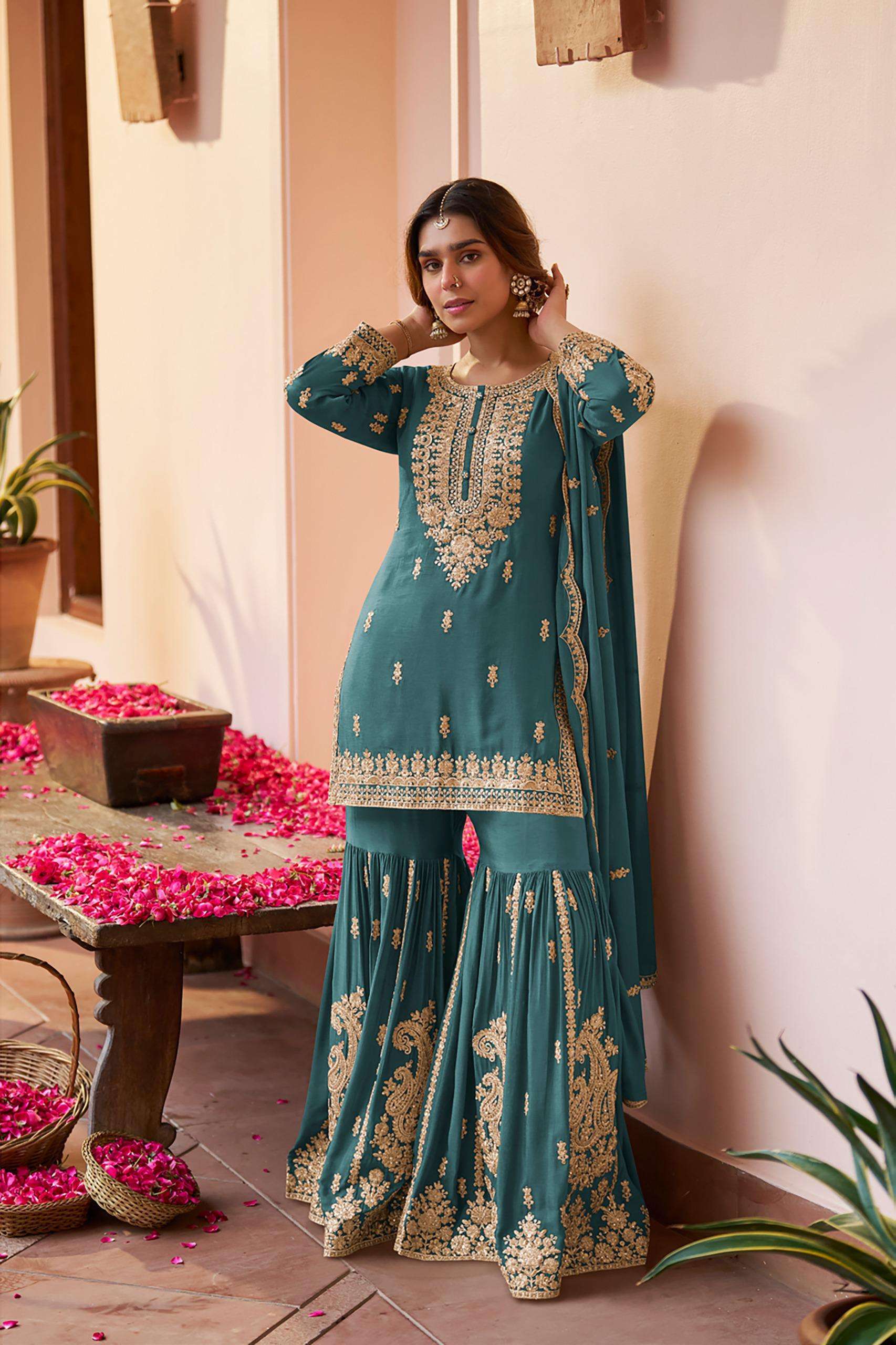 DESIGNER FANCY PARTY WEAR REAL CHINON BLUE SHARARA SALWAR SUIT PALAZZO GL RH PURVA 7656 B