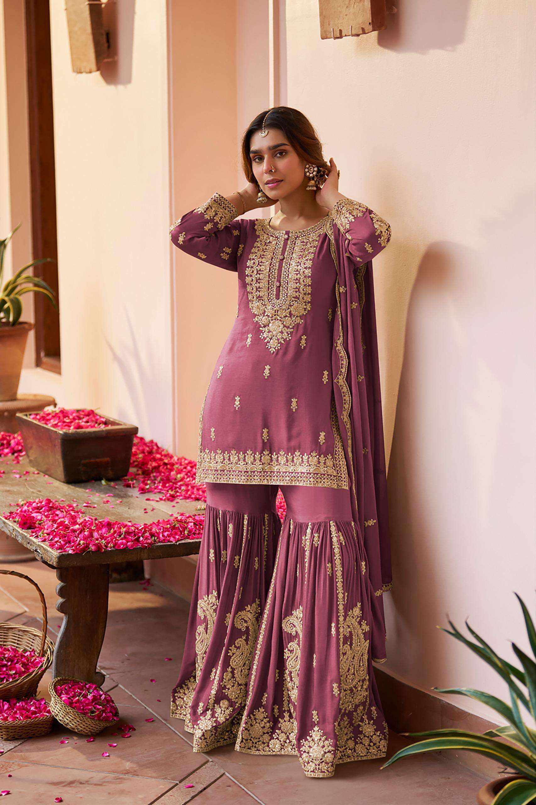 DESIGNER FANCY PARTY WEAR REAL CHINON DEEP PINK SHARARA SALWAR SUIT PALAZZO GL RH PURVA 7656 C