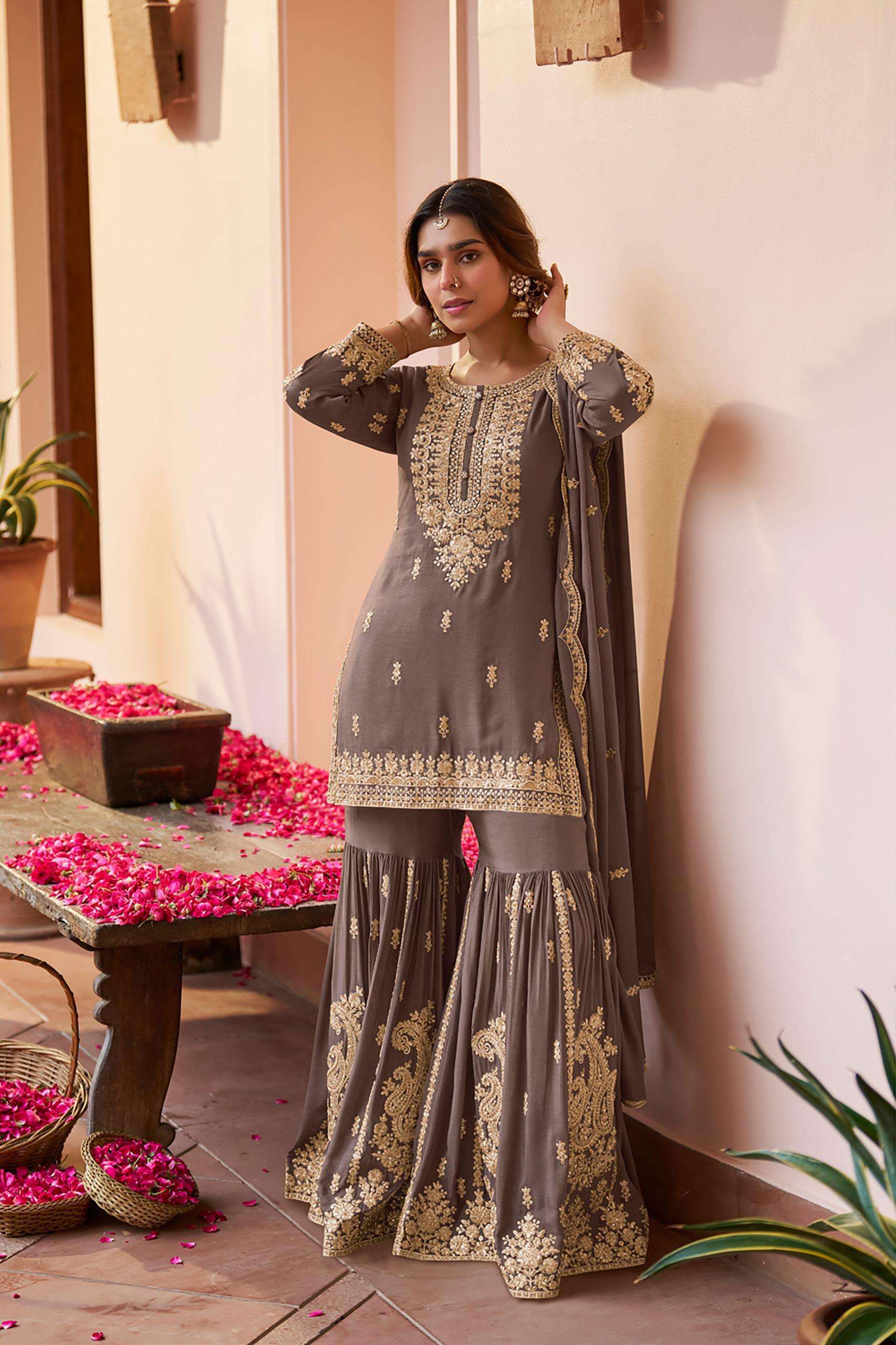DESIGNER FANCY PARTY WEAR REAL CHINON GREY SHARARA SALWAR SUIT PALAZZO GL RH PURVA 7656 A