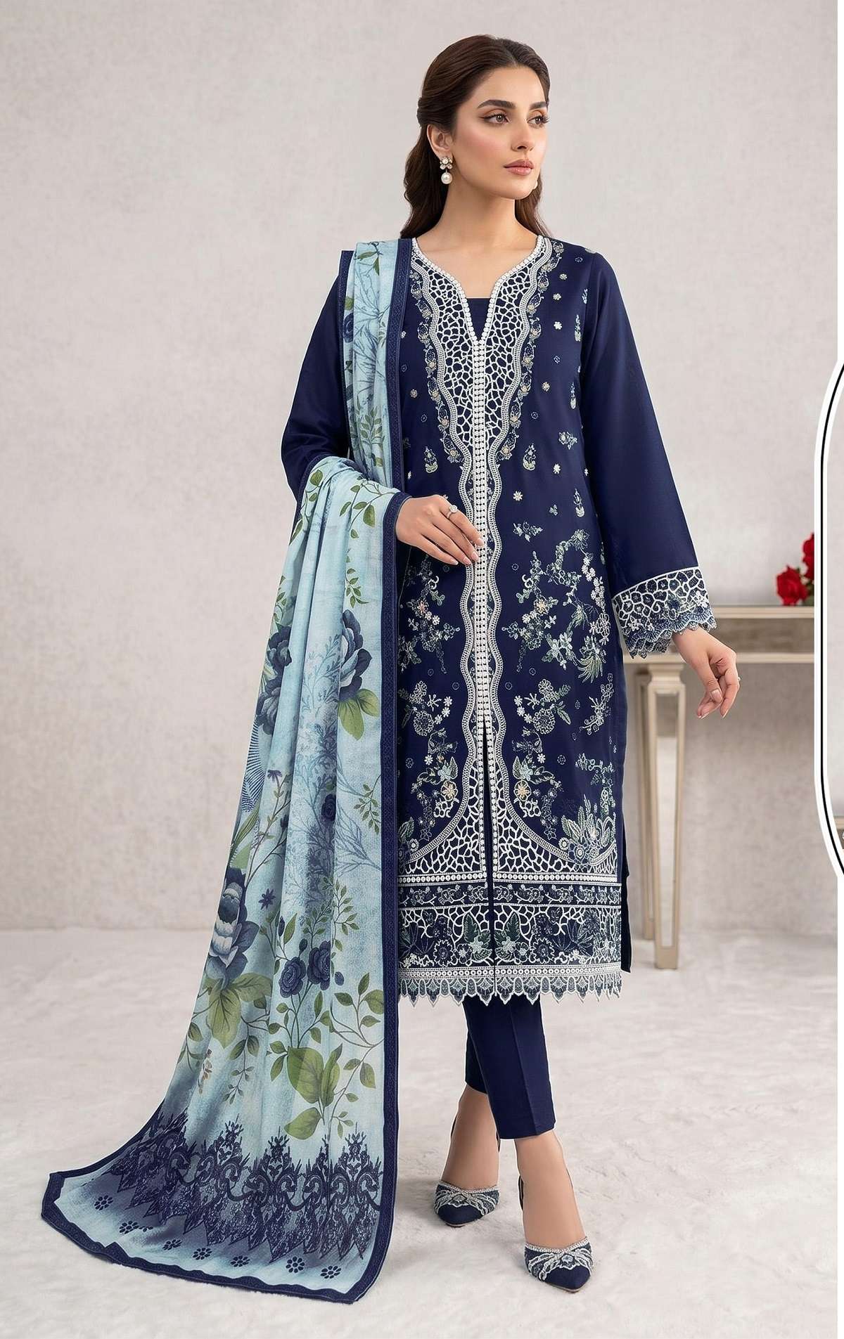 DESIGNER FANCY PARTY WEAR SLUB COTTON BLUE PAKISTANI SALWAR SUIT JG 5217 C