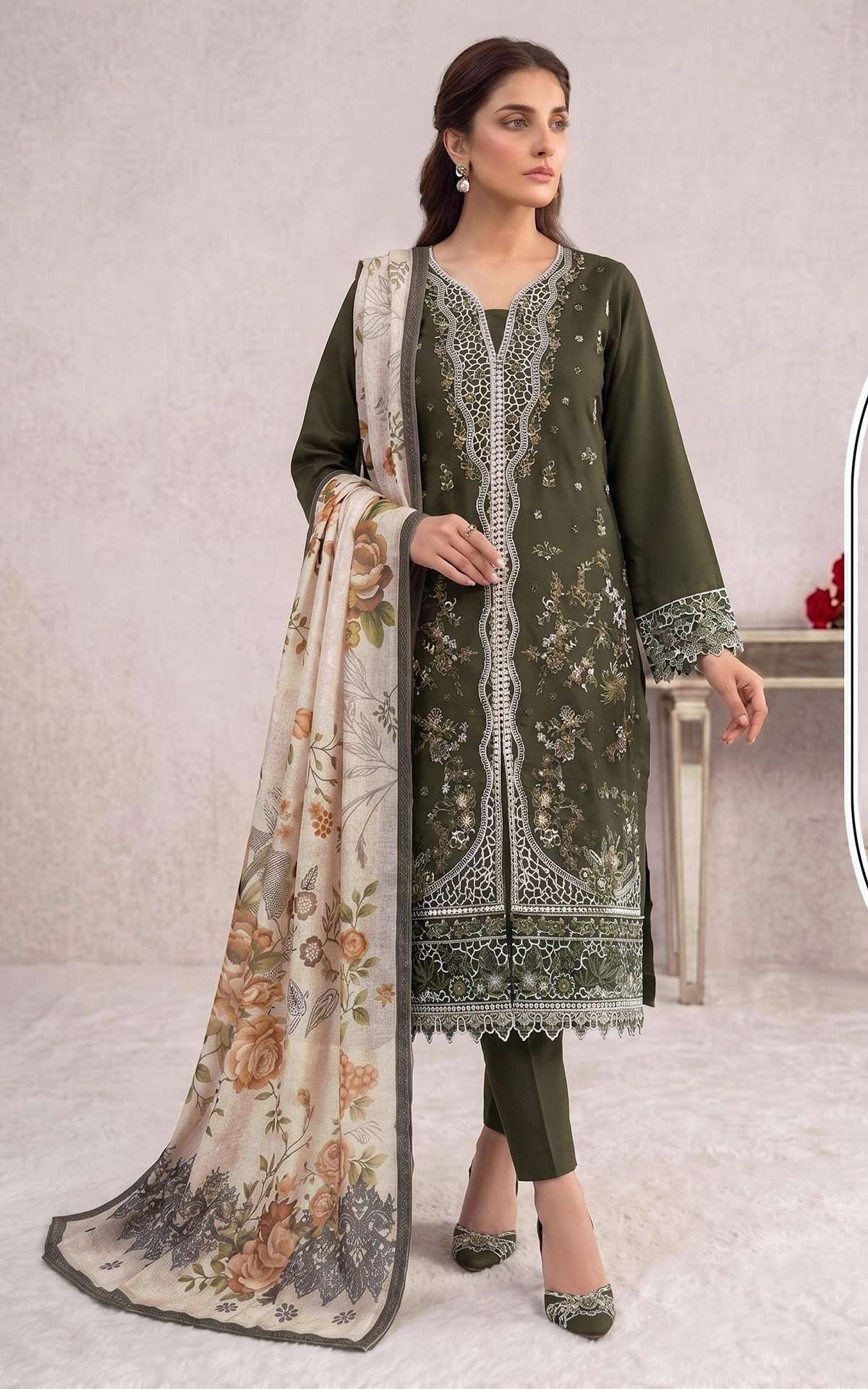 DESIGNER FANCY PARTY WEAR SLUB COTTON DARK GREEN PAKISTANI SALWAR SUIT JG 5217 D