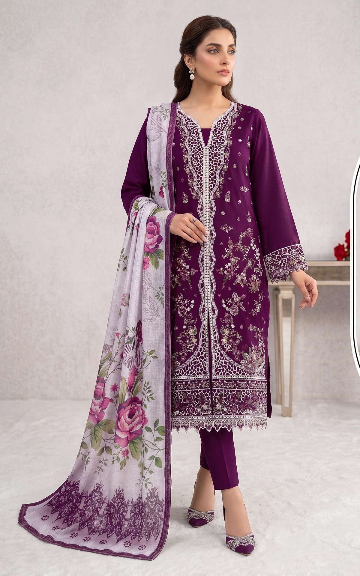 DESIGNER FANCY PARTY WEAR SLUB COTTON PURPLE PAKISTANI SALWAR SUIT JG 5217 A