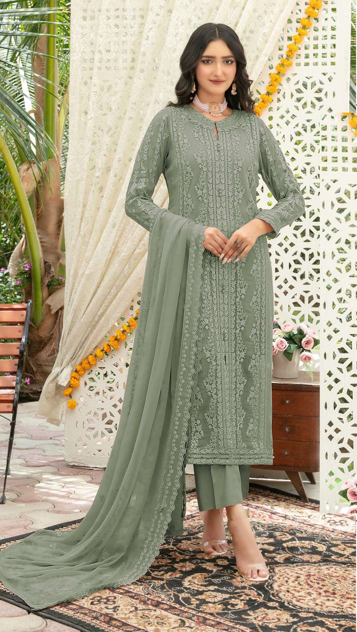 DESIGNER WEDDING PARTY WEAR CHIFFON GREEN PAKISTANI SALWAR SUIT CP 925 B