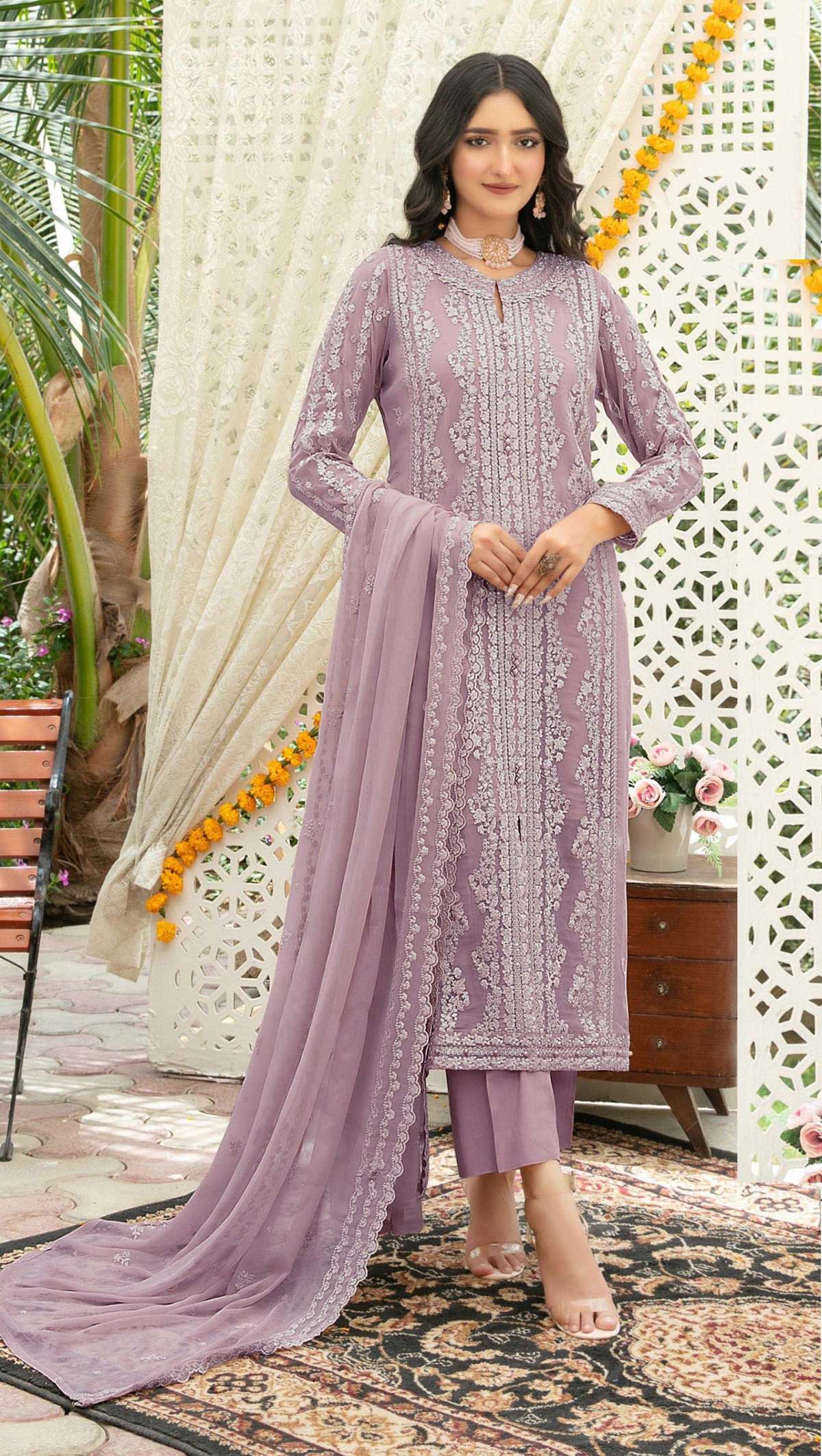DESIGNER WEDDING PARTY WEAR CHIFFON LAVENDER PAKISTANI SALWAR SUIT CP 925 C