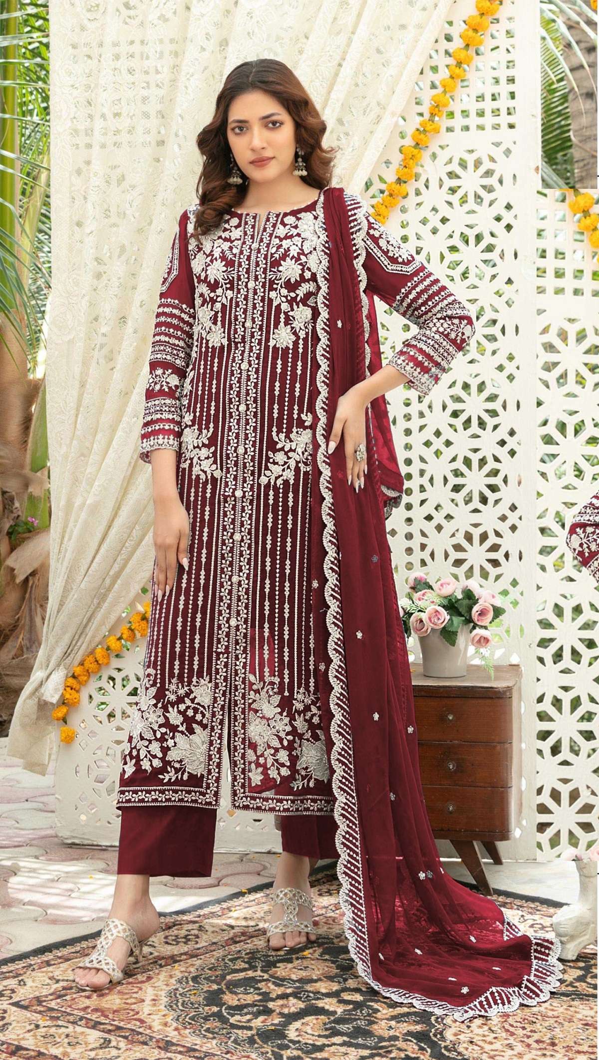 DESIGNER WEDDING PARTY WEAR CHIFFON RED PAKISTANI SALWAR SUIT CP 924 C
