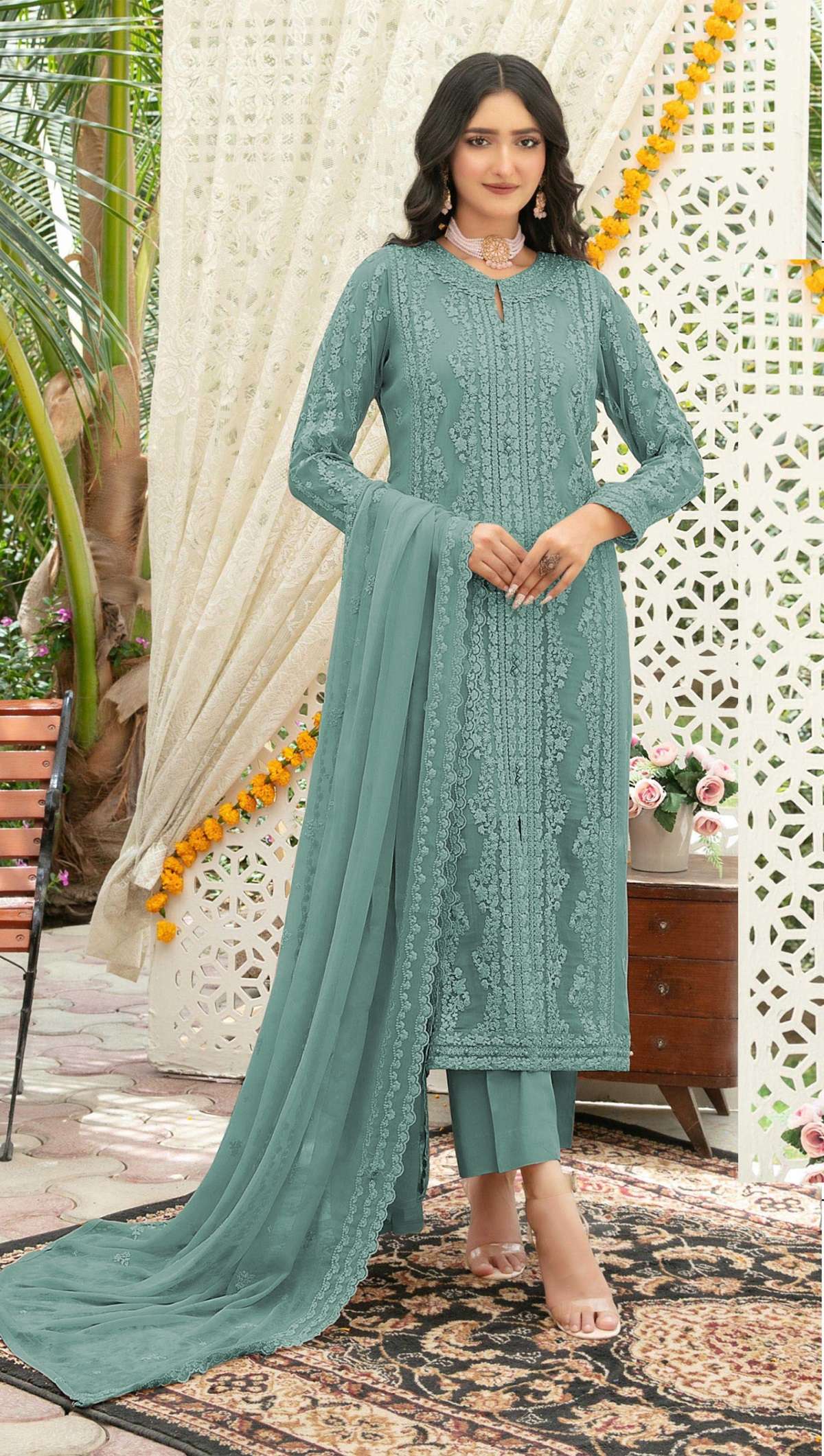 DESIGNER WEDDING PARTY WEAR CHIFFON TEAL BLUE PAKISTANI SALWAR SUIT CP 925 D