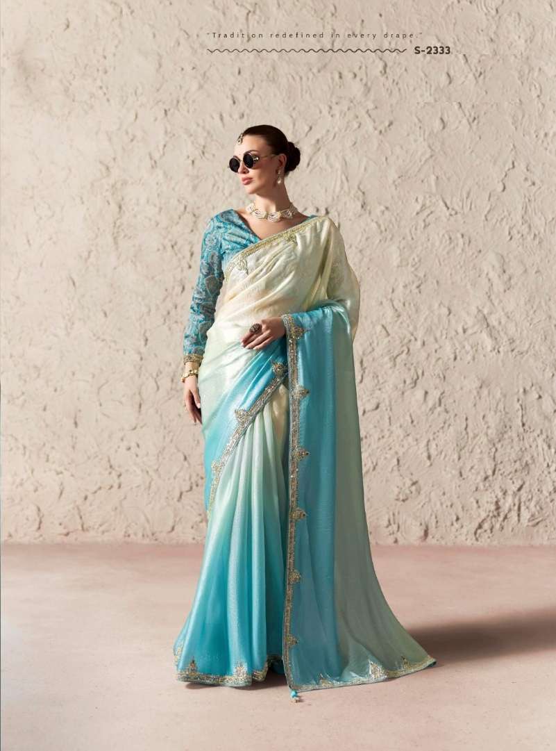 DESIGNER WEDDING PARTY WEAR FANCY SILK SKY BLUE SAREE WITH THREAD SEQUENCE WORK SM KM 2333