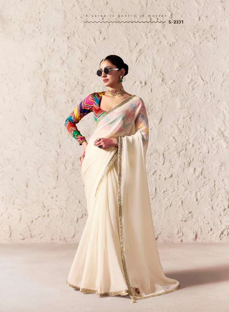 DESIGNER WEDDING PARTY WEAR FANCY SILK WHITE SAREE WITH THREAD SEQUENCE WORK SM KM 2331