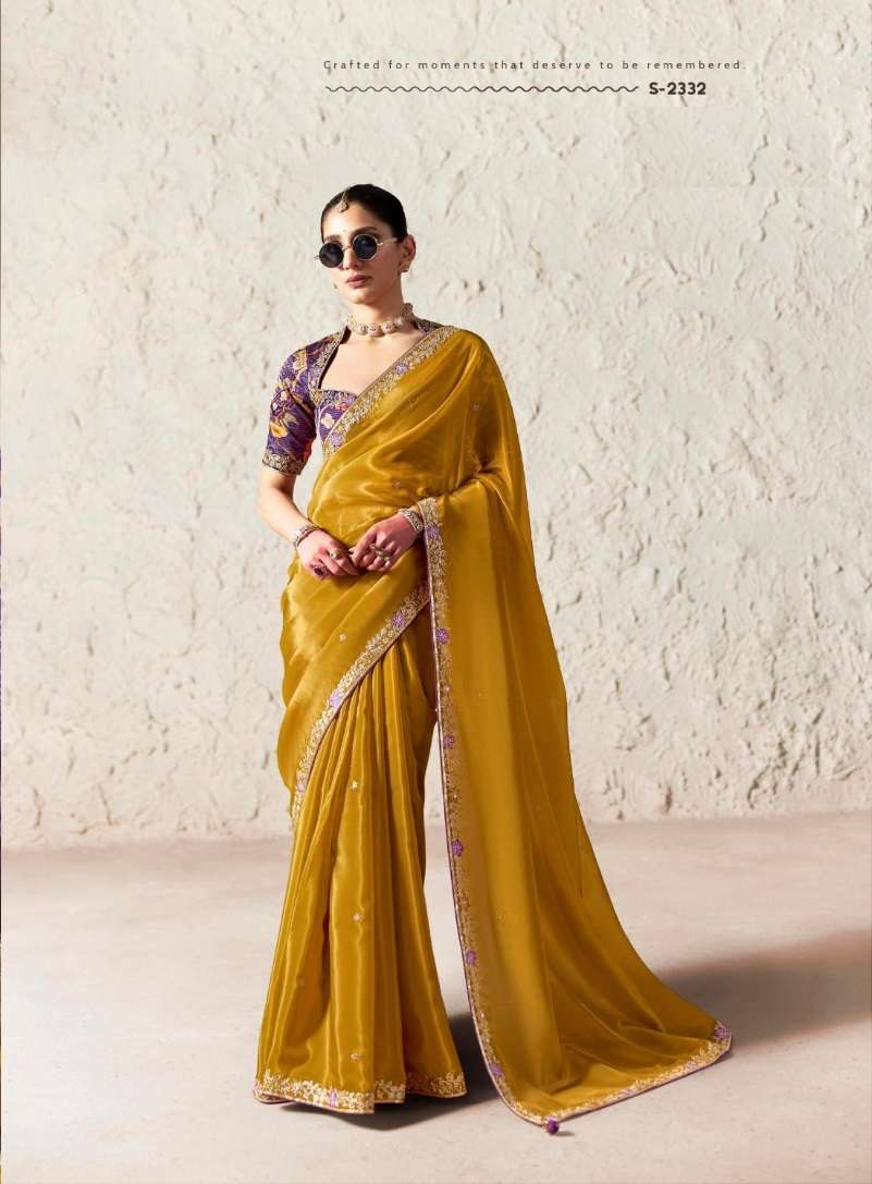 DESIGNER WEDDING PARTY WEAR FANCY SILK YELLOW SAREE WITH THREAD SEQUENCE WORK SM KM 2332