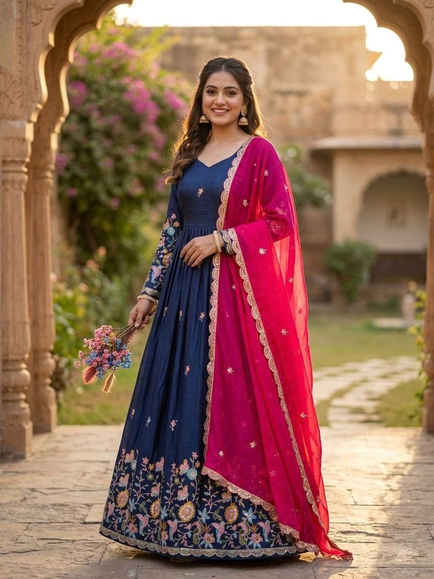 DESIGNER WEDDING PARTY WEAR FENDY SILK READYMADE BLUE ANARKALI SALWAR SUIT KU 1262 A